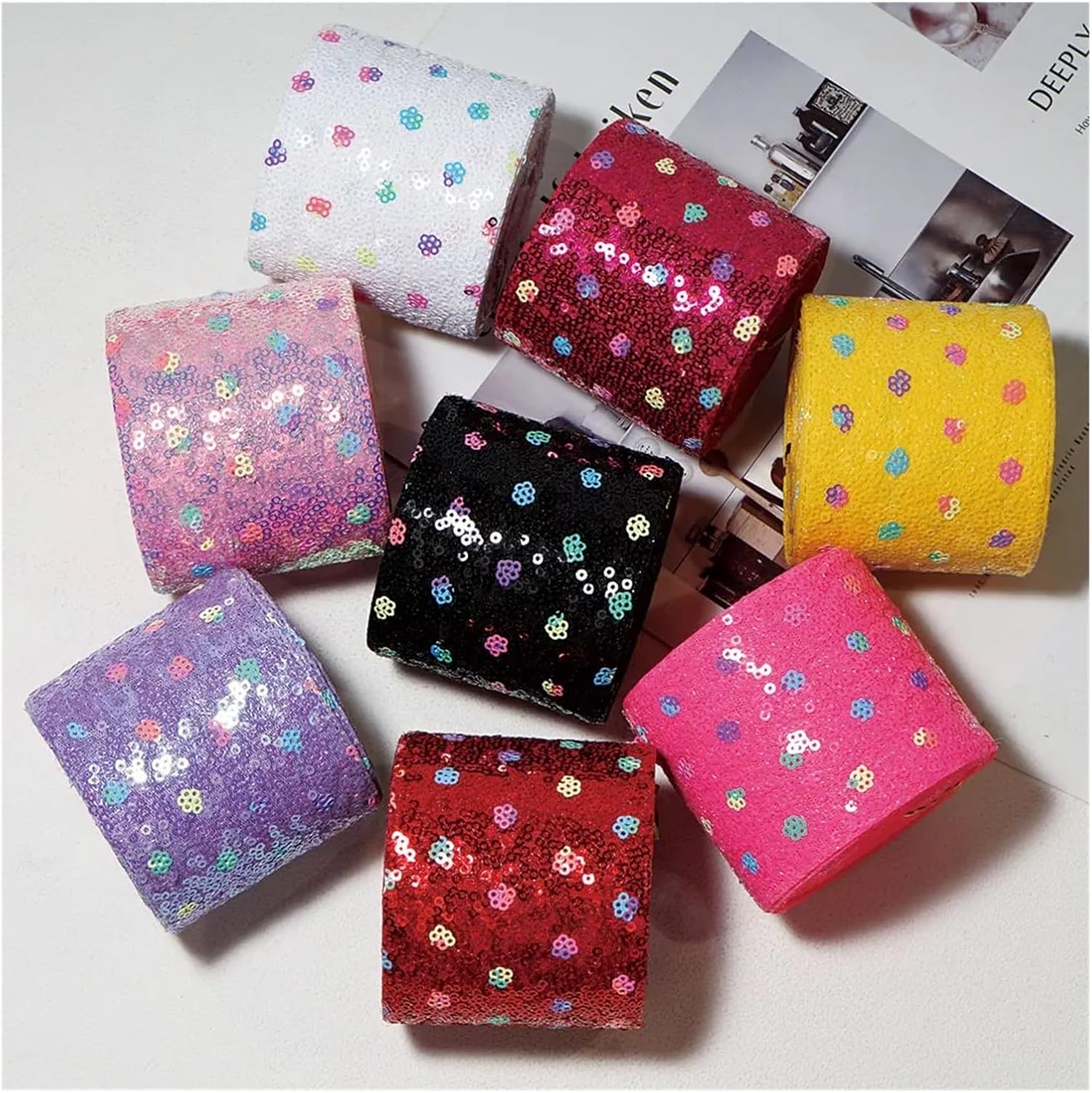 5 Yards Sequin Ribbon 75mm 3'' 38mm for Hairbows DIY Holiday Sewing Accessories(Color8,38mm 25yards)