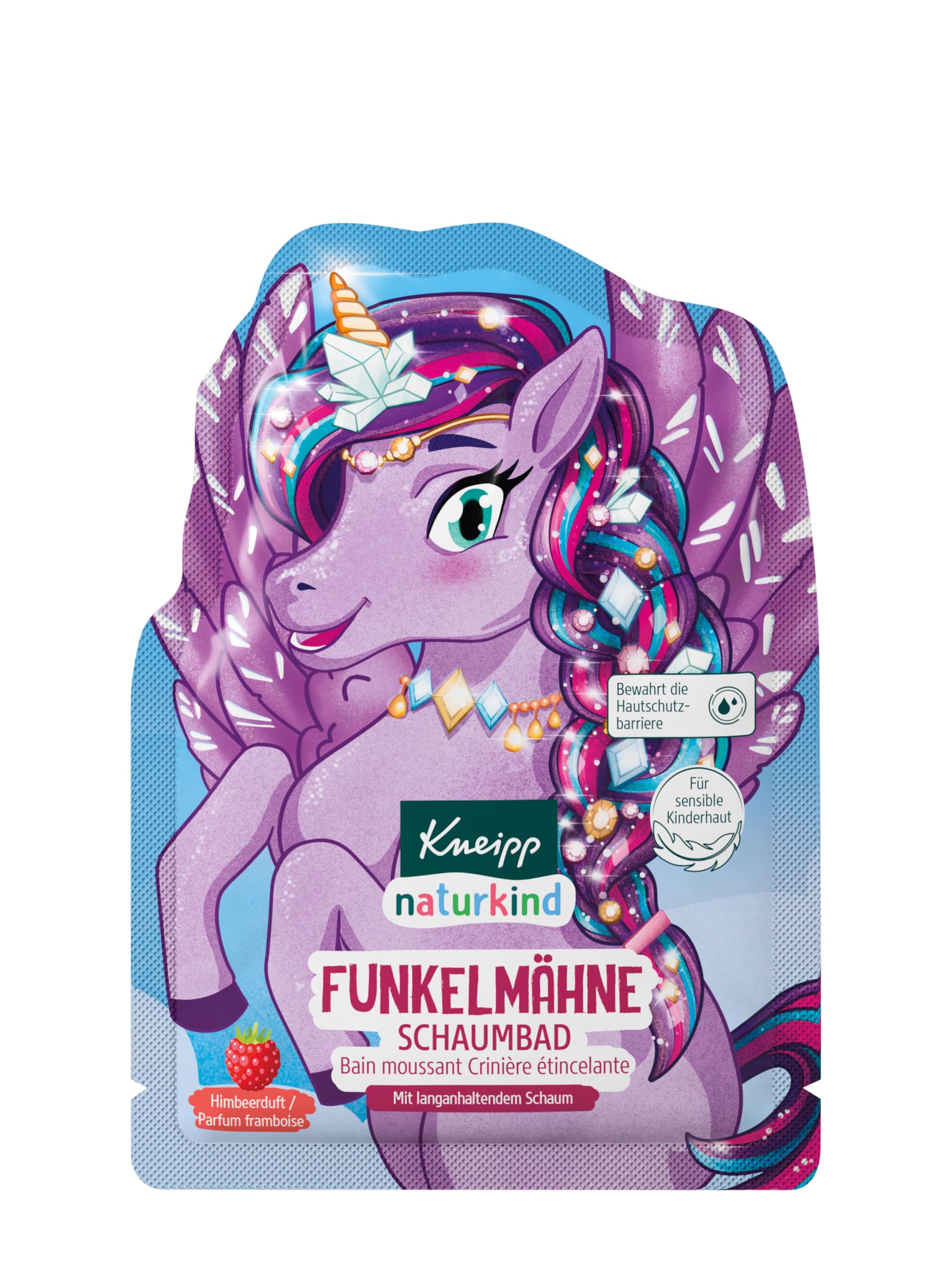 Kneipp naturkind - Baño de espuma con melena brillante - Aditivo de baño para niños con aroma a frambuesa y aceite de jojoba nutritivo, mágica Pegasus para niños, fórmula sin microplástico, 40 ml