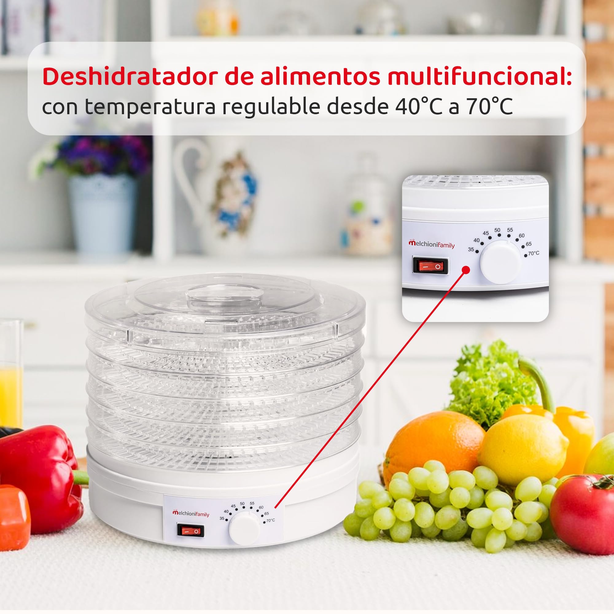 Melchioni Family | Deshidratador Eléctrico BABELE, Deshidratador de Alimentos Multiusos, 5 Bandejas Apilables y Extraíbles, Potencia 250W, Temperatura Regulable 40–70°C