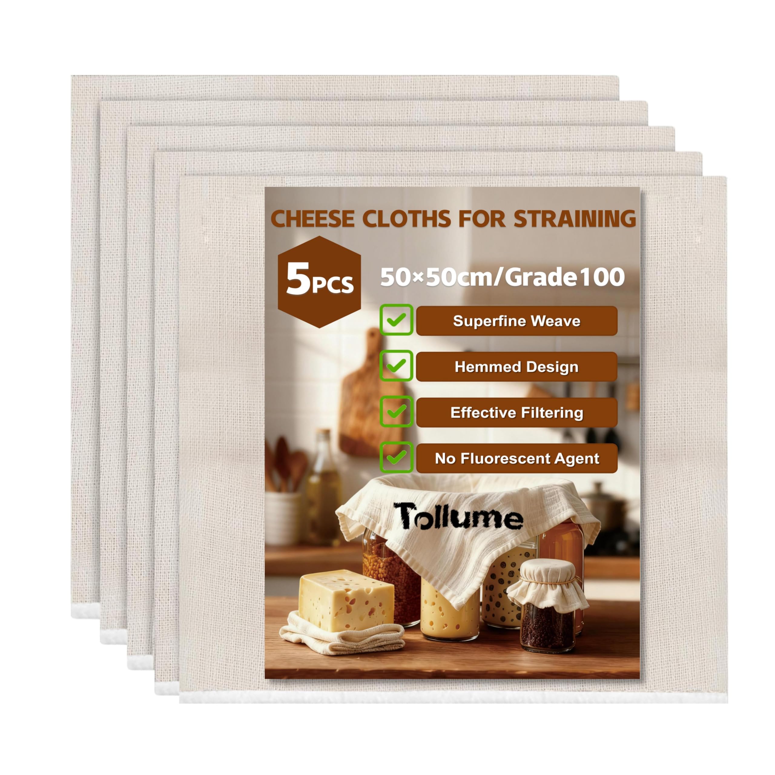 Tollume Cheese Cloths for Straining 5 PCS - Muslin Cloths for Cooking Unbleached Grade 100, 50 x 50cm Washable Hemmed Cheesecloth for Straining Nut Milk, Butter, Juice, Coffee, Jam & Wine Making