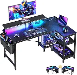 ODK Mesa de jogos de 101 cm com tomadas USB e luzes LED, mesa de computador reversível em forma de L com prateleiras de armazenamento e suporte para monitor, mesa de canto para escritório em casa,