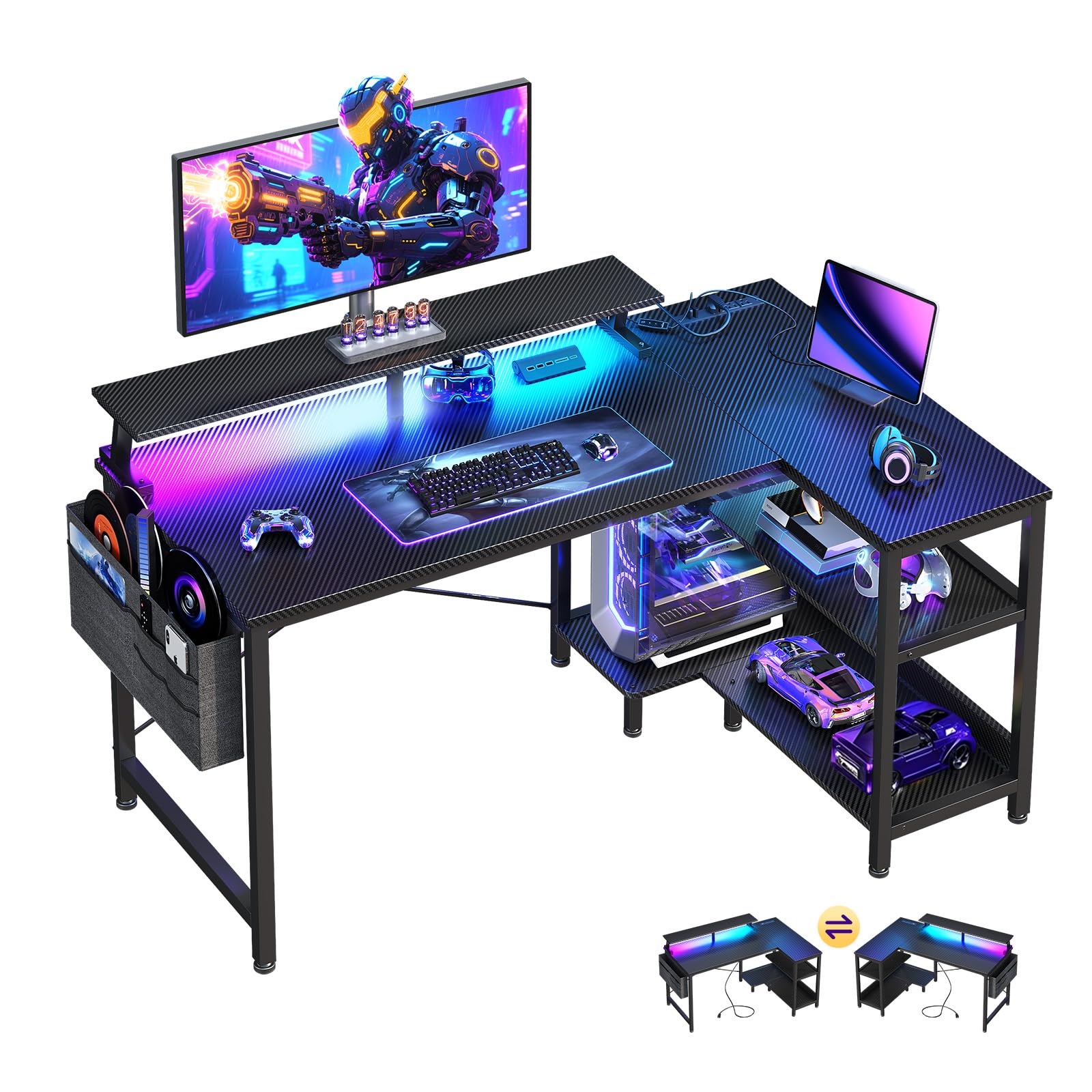 ODK 40 Inch Gaming Desk with USB Power Outlets and LED Lights, Reversible L Shaped Computer Desk with Storage Shelves & Monitor Stand, Corner Home