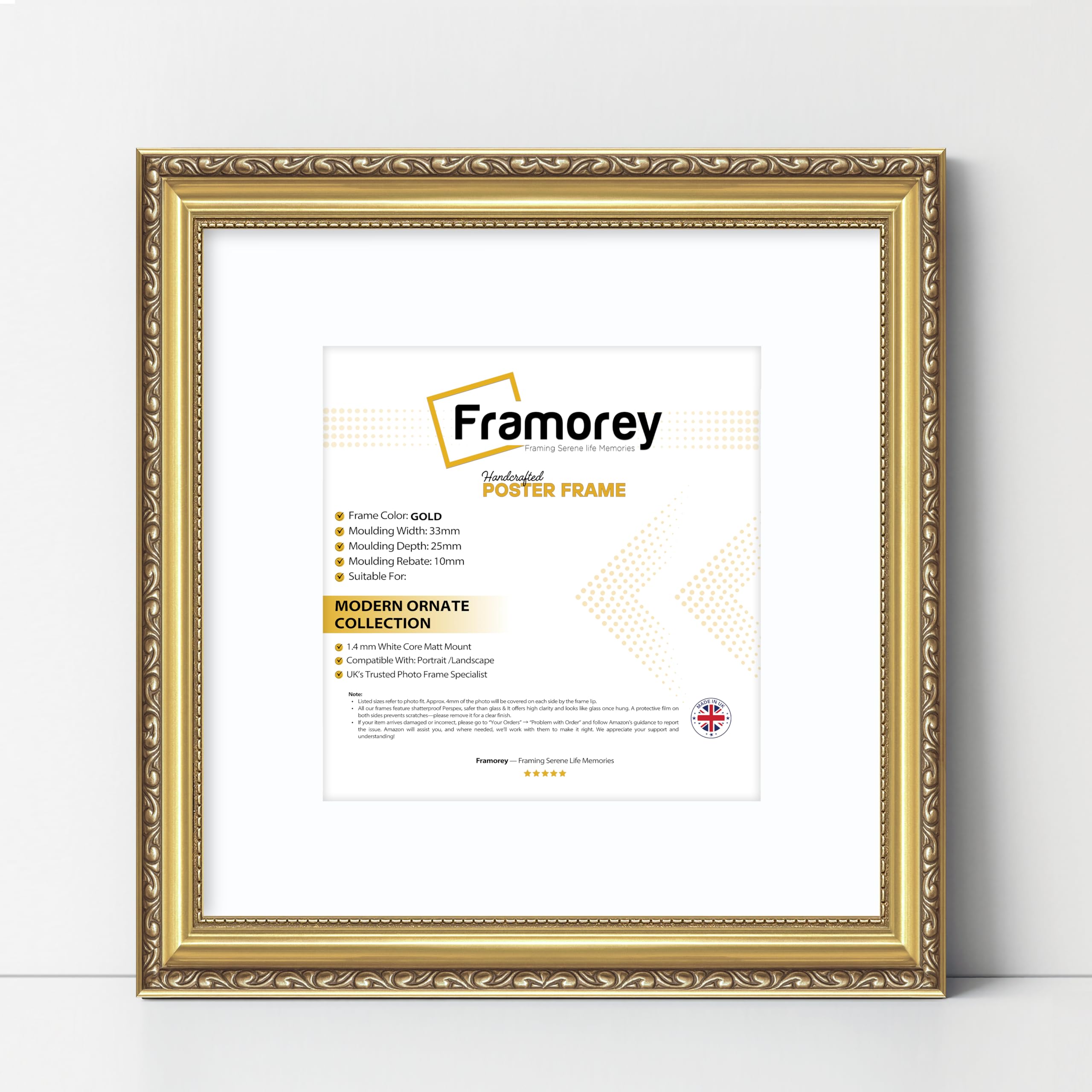 Framorey Framing Serene Life Memories Gold With White Mount Framorey Shabby Chic Antique Style Picture Frame, 13X13" Square Size Gold Photo Frame With 11X11" Size White Mount, Wall Art Poster Frames With Clear Perspex Sheet,