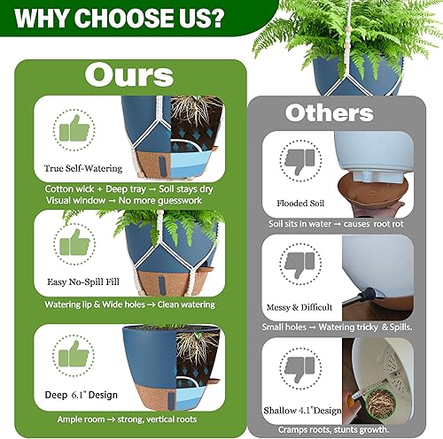 Miniatura 8 de Maceta colgante de riego automático de 10 pulgadas, paquete de 2 cestas colgantes para plantas, macetas colgantes con orificio de drenaje y 2 tipos