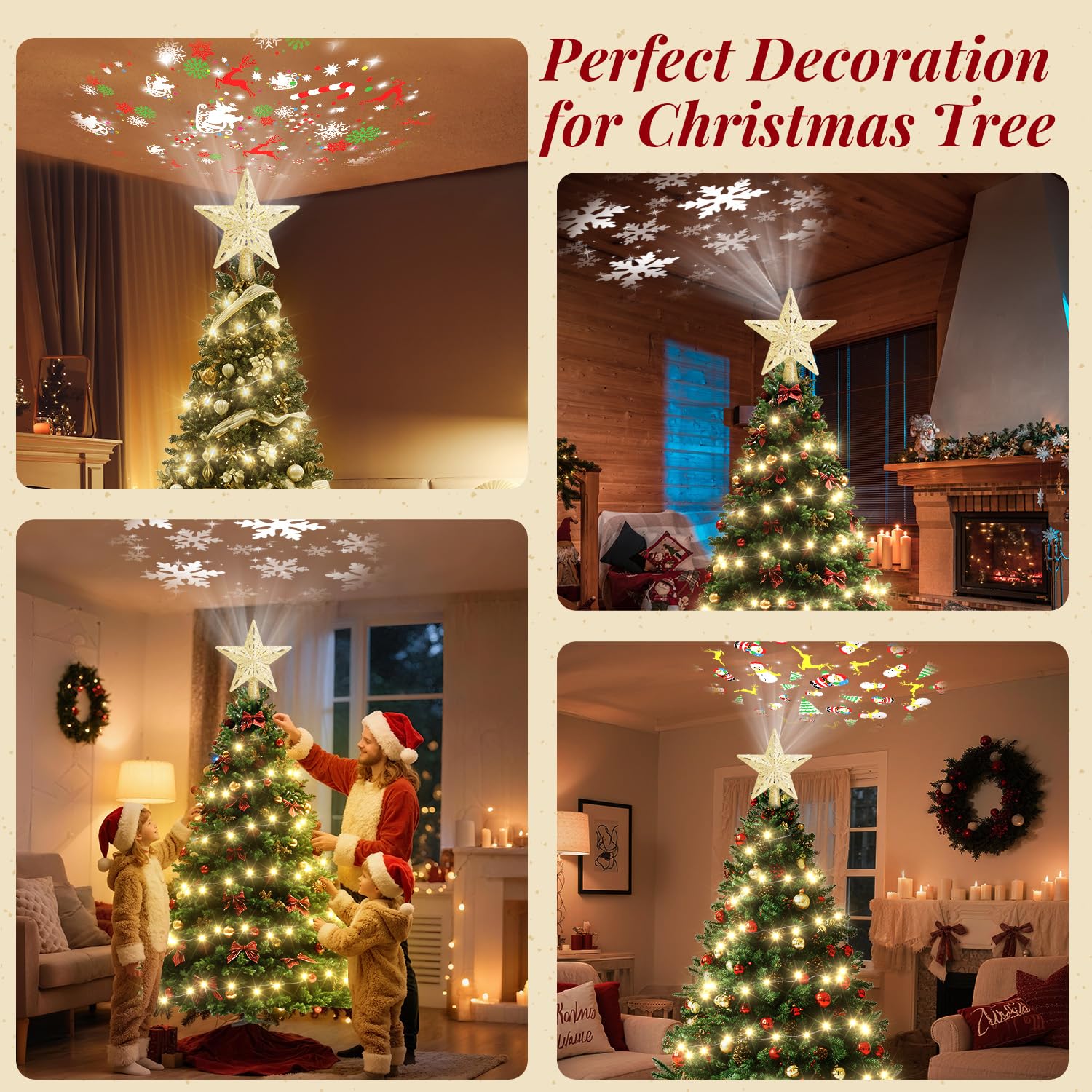 Cimier de sapin de Noël éclairé avec guirlande lumineuse chaude de 10 m - Décoration de sapin de Noël avec projecteur rotatif 3D - Pour intérieur ou extérieur - Pour fête de Noël - Doré
