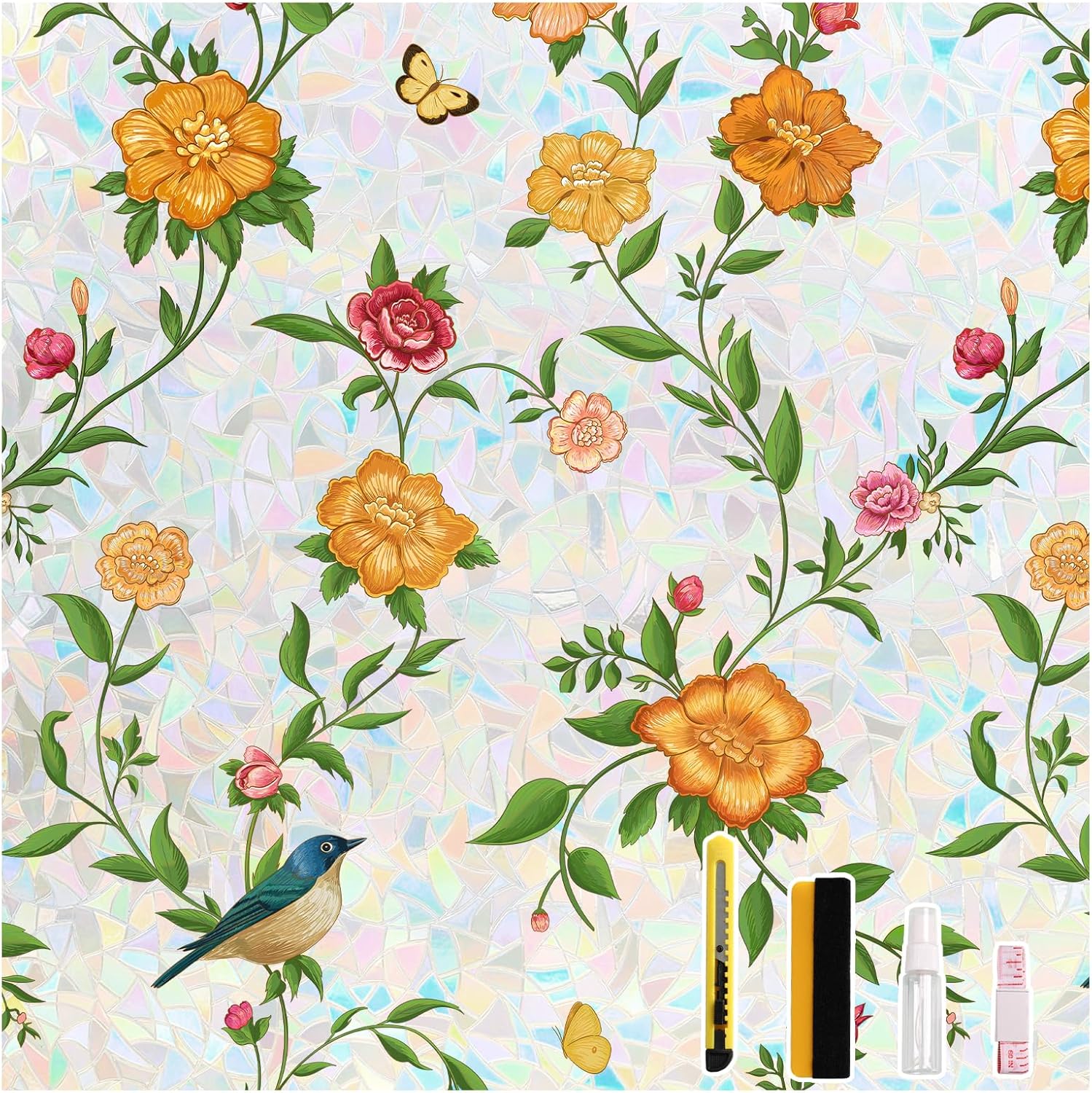 Donox Stained Glass Window Film, Decorative Window Cling Rainbow Flower Pattern, UV Block Privacy Film, Removable Static Cling No Glue for Living Room Home Office, 35.4 x 157.4 Inches