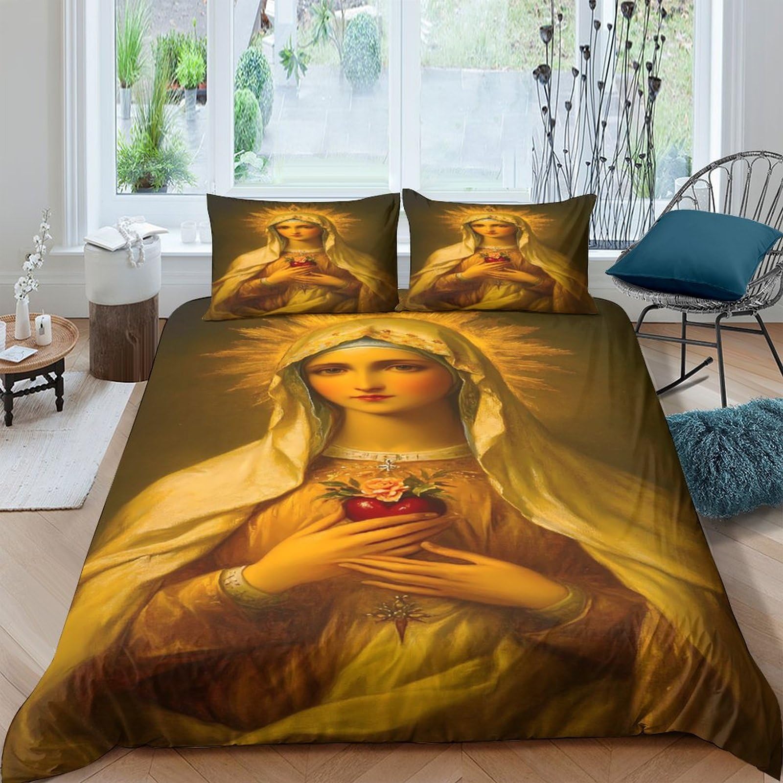 Ctjqhvkz Style-4 3D Printed Sacred Heart Virgin Mary Fitted Sheet Microfiber Soft Anti-Slip Bed Cover For Bedroom Guest Room Decor Single（135X200cm）