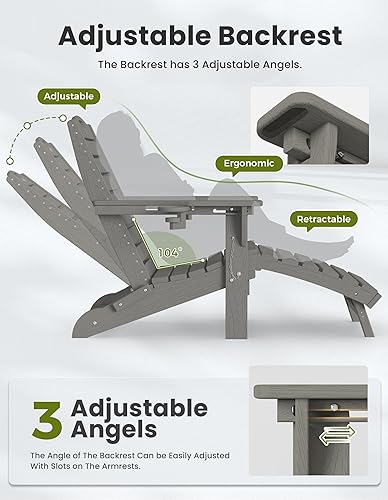 Miniatura 5 de Ciokea Juego de 2 sillas plegables Adirondack con otomana retráctil, silla para hoguera al aire libre con reposapiés extraíble, resistente a la