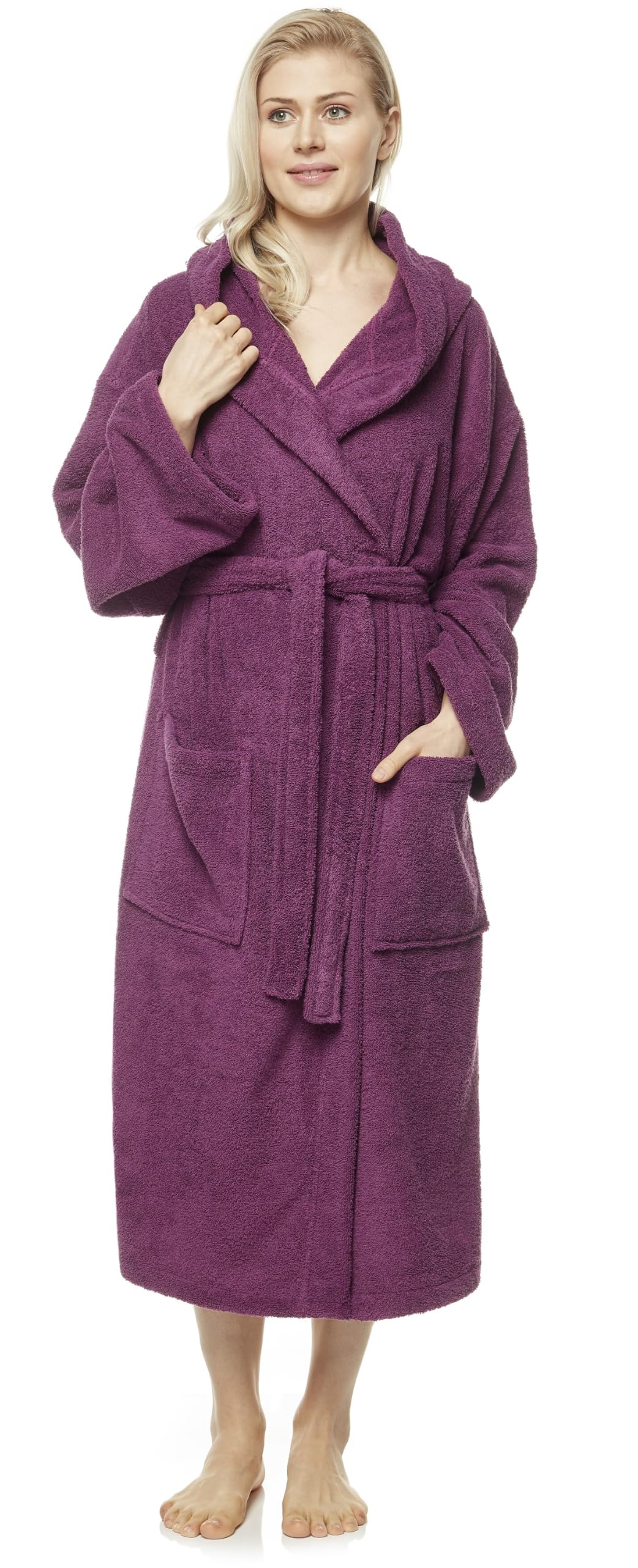 Arus Accappatoio Donna 100% Cotone, Spugna, Cappuccio, Polpaccio | Morbido accappatoio in spugna con cintura e 2 ampie tasche, ideale per doccia, sauna, spa e piscina.