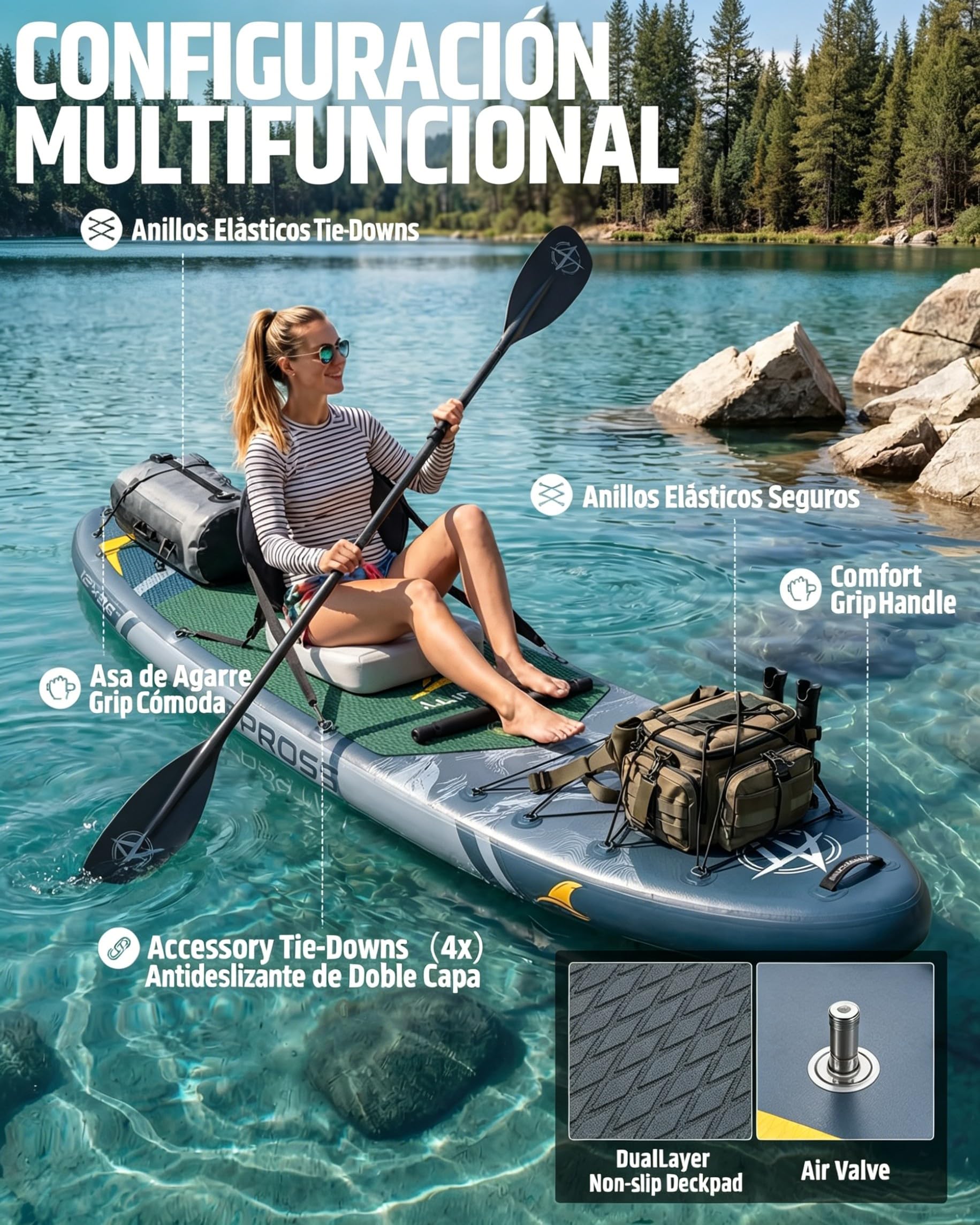 Tabla de Paddle Surf Hinchable con Asiento de Kayak y Accesorios, 366x92cm Sup Extra Ancha y Estable, Carga 240kg, Kayak Hinchable para 2 Personas, Ideal para Yoga, Pesca y Surf