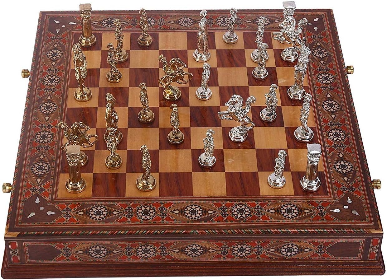 Historical Rome Figures Metal Chess Set for Adults,Handmade Pieces and Natural Solid Wooden Chess Board with Original Pearl Around Board and Storage Inside King 4 inc