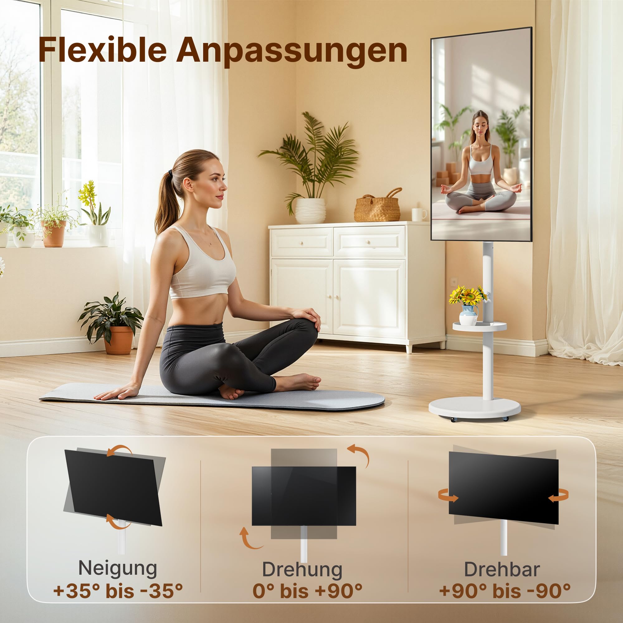 Rollender TV-Ständer mit Rädern für 17–43 Zoll Fernseher bis 15KG, Höhenverstellbarer Robuster Mobiler TV-Wagen mit Ablage, Portrait zu Landscape, Max. VESA 200x200 mm, Weiß