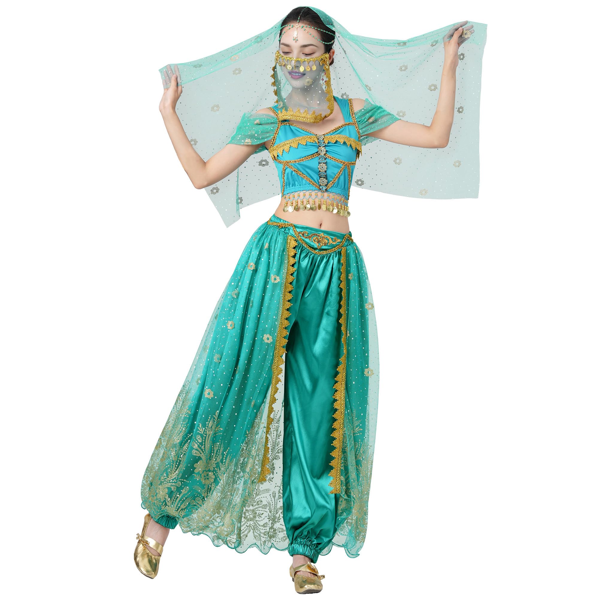 MUNAFIE Aladdin Bauchtanz Kostüm Jasmin Prinzessin Pailletten Kostüm Cosplay Halloween Karneval Geburtstag Party Outfits