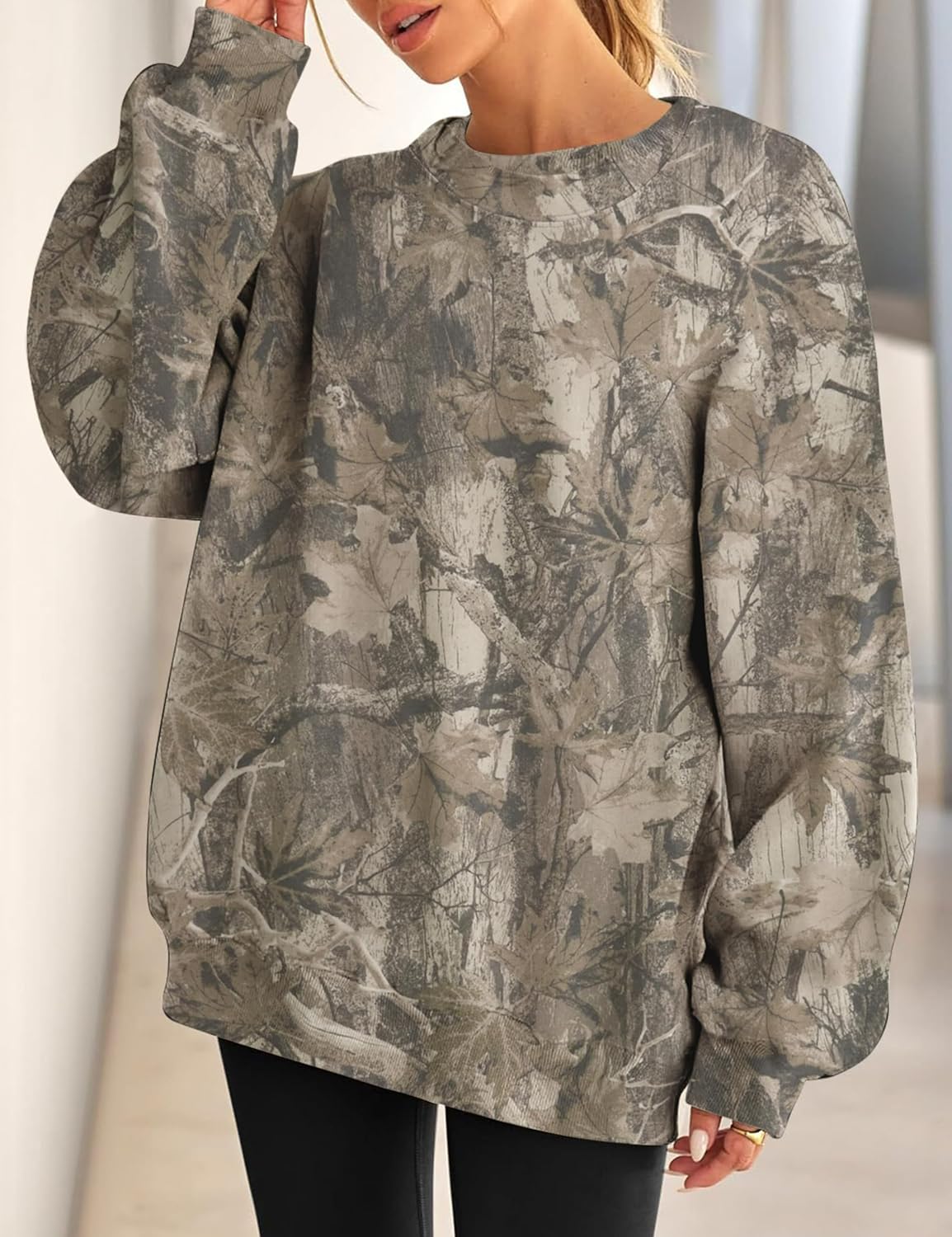 Camo Sweatshirt for Women Mens Oversized Fleece Maple Leaf Print Hoodies Camouflage Crewneck Long Sleeve Pullovers - Image 3