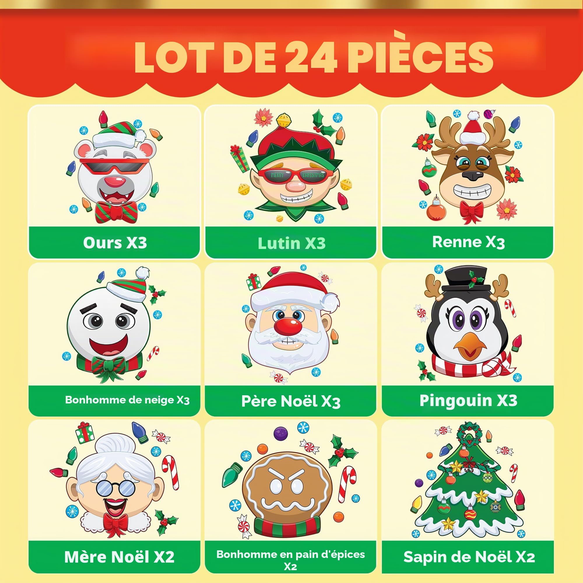 JOYIN 24 stickers face à face mix and match stickers avec elfe de Noël, Père Noël, bonhomme de neige, pingouin et ours polaire, 11123