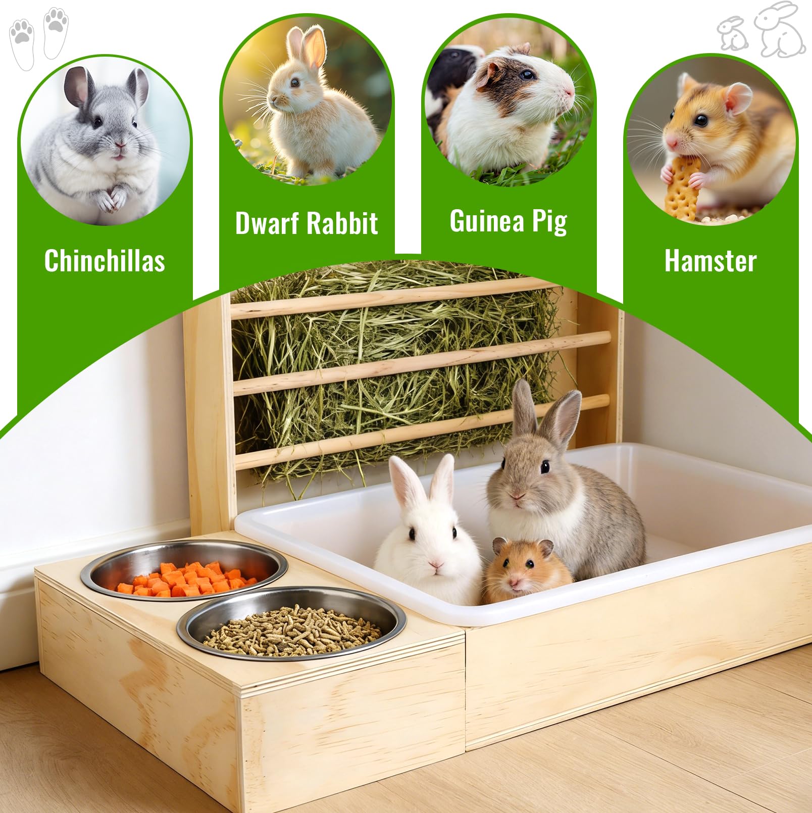 Mangeoire à foin 3 en 1 pour lapin avec bac à litière et bols - Station d'alimentation en bois avec support à foin - Distributeur de nourriture pour lapin - Pour cochon d'Inde, hamster, chinchilla et