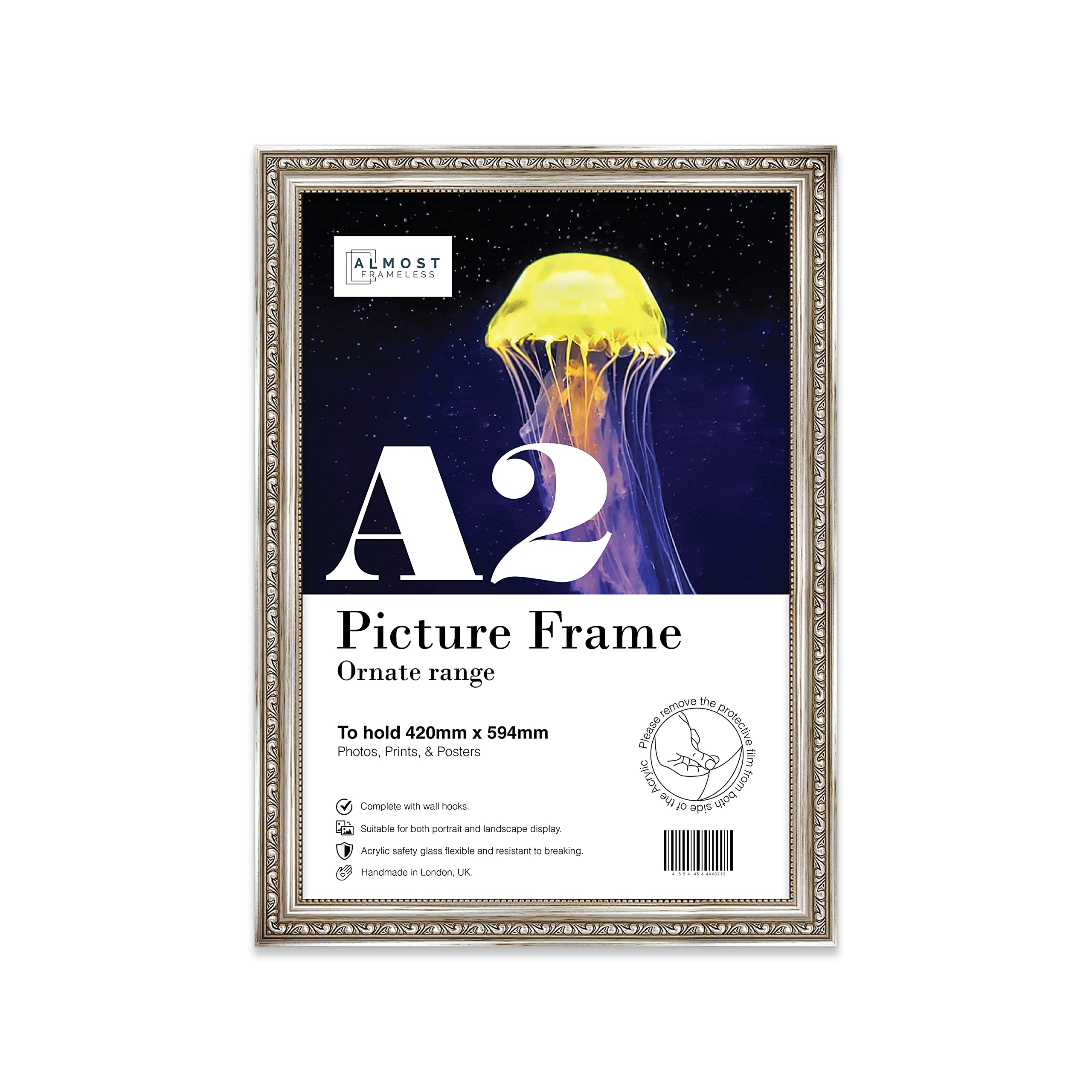 Almost Frameless Silver Picture Frame A2 Silver Ornate Picture Frame Fits A2 (42 X 59.4Cm - 16.5 X 23.4In) Poster, Photo, Artwork, Or Print. Elegant Style Portrait And Landscape Display With Wall Hooks