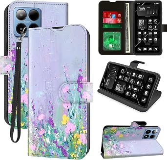 for Boost Summit 5G 2024 Wallet Phone Case with RFID Blocking, 4 Card Holders, Kickstand, Wrist Strap Magnetic PU Leather Flip Protective Cover Case for Women&Men,Wildflowers Oil Painting