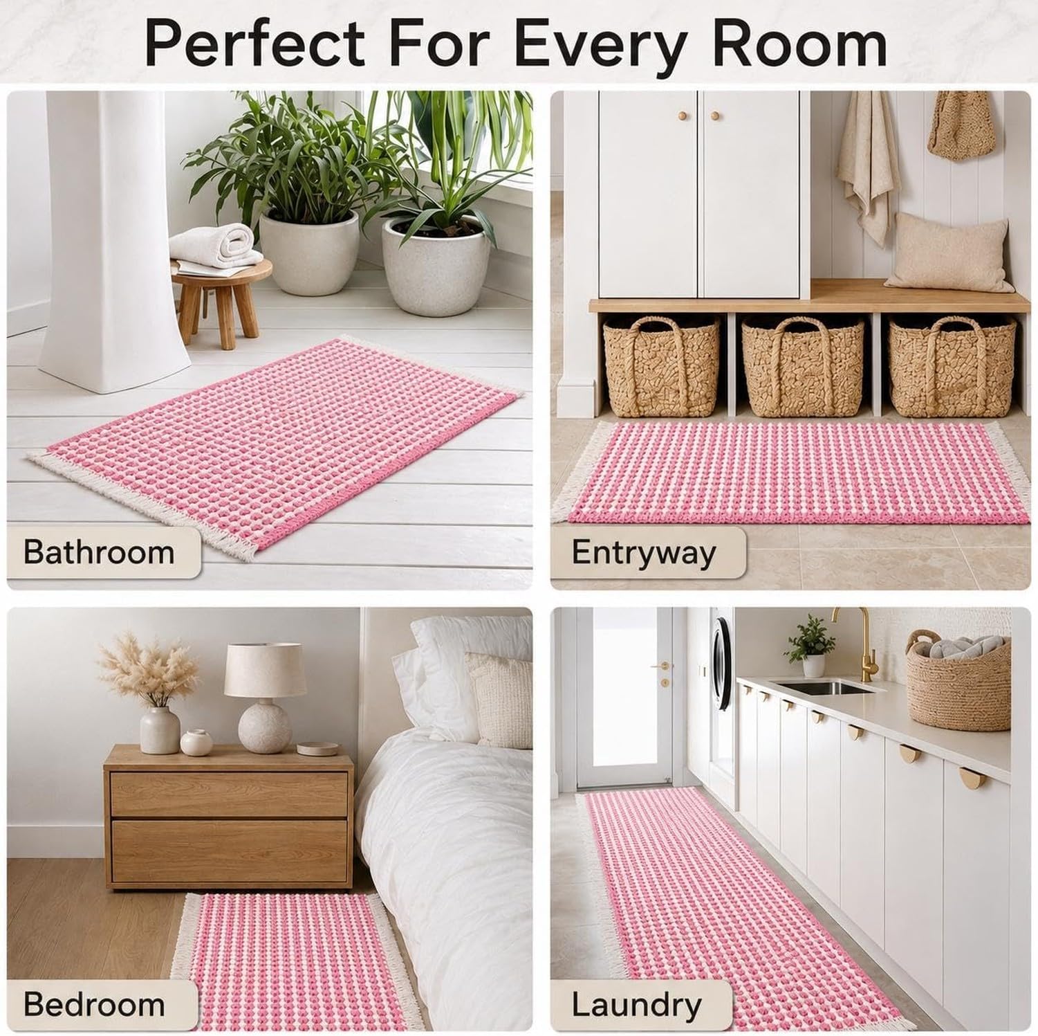 Alfombra de baño gofrada mejorada ultrasuave, súper absorbente y antideslizante con borlas, bordes ribeteados, lavable a máquina, con Base de goma para baño, co, Rosa, 46x76 cm (Rettangolare)