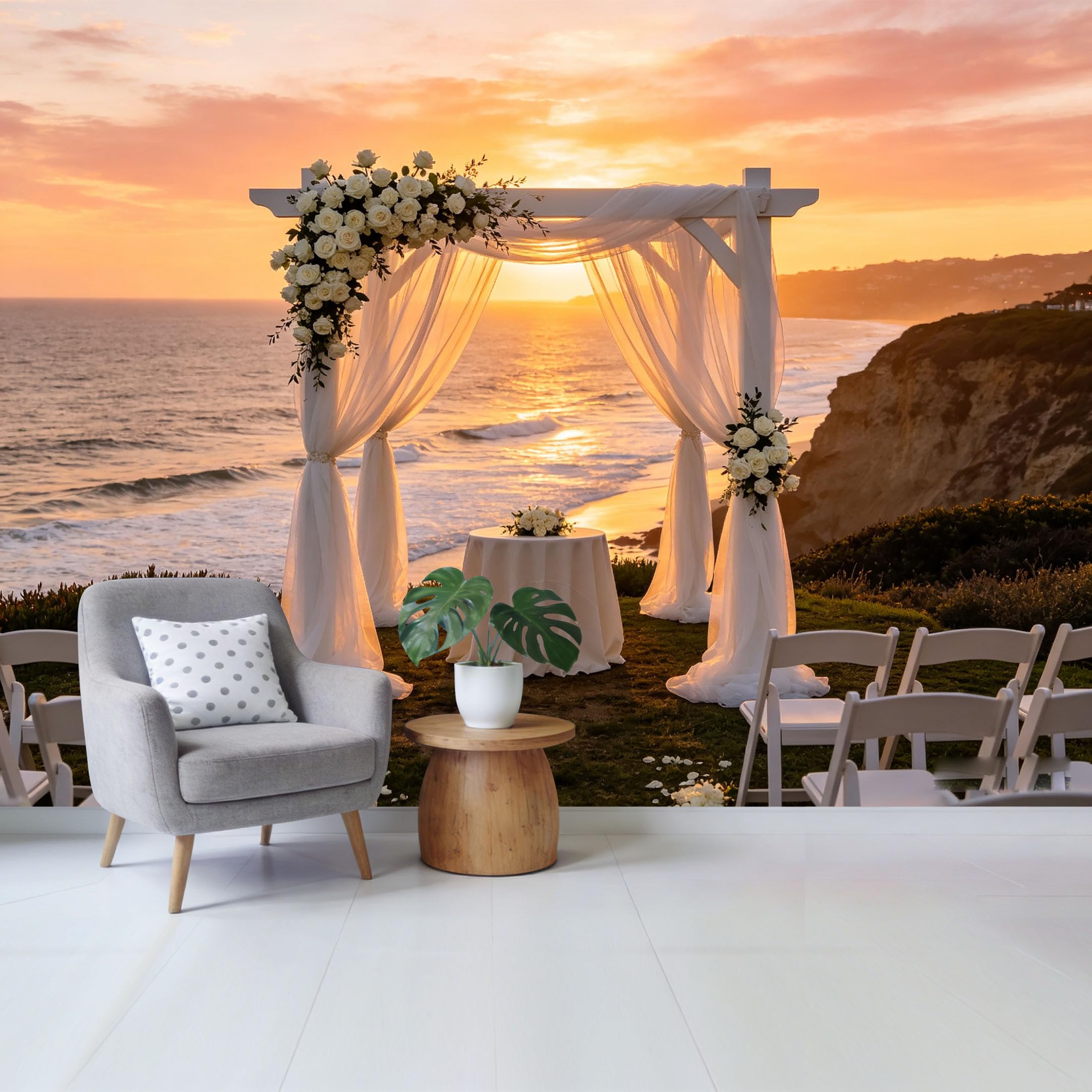 Qzlithotic Yq2605250011 Custom Size Wall Mural Romantic Coastal Wedding Arch White Rose Sunset Landscape Selfadhesive Wall Fabric Removable Wallpaper For Home Office Decor