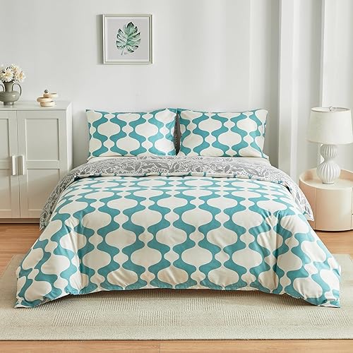 Juego de funda de edredón tamaño Queen  Juego de ropa de cama reversible de 3 piezas con hojas florales onduladas, color gris y azul, microfibra