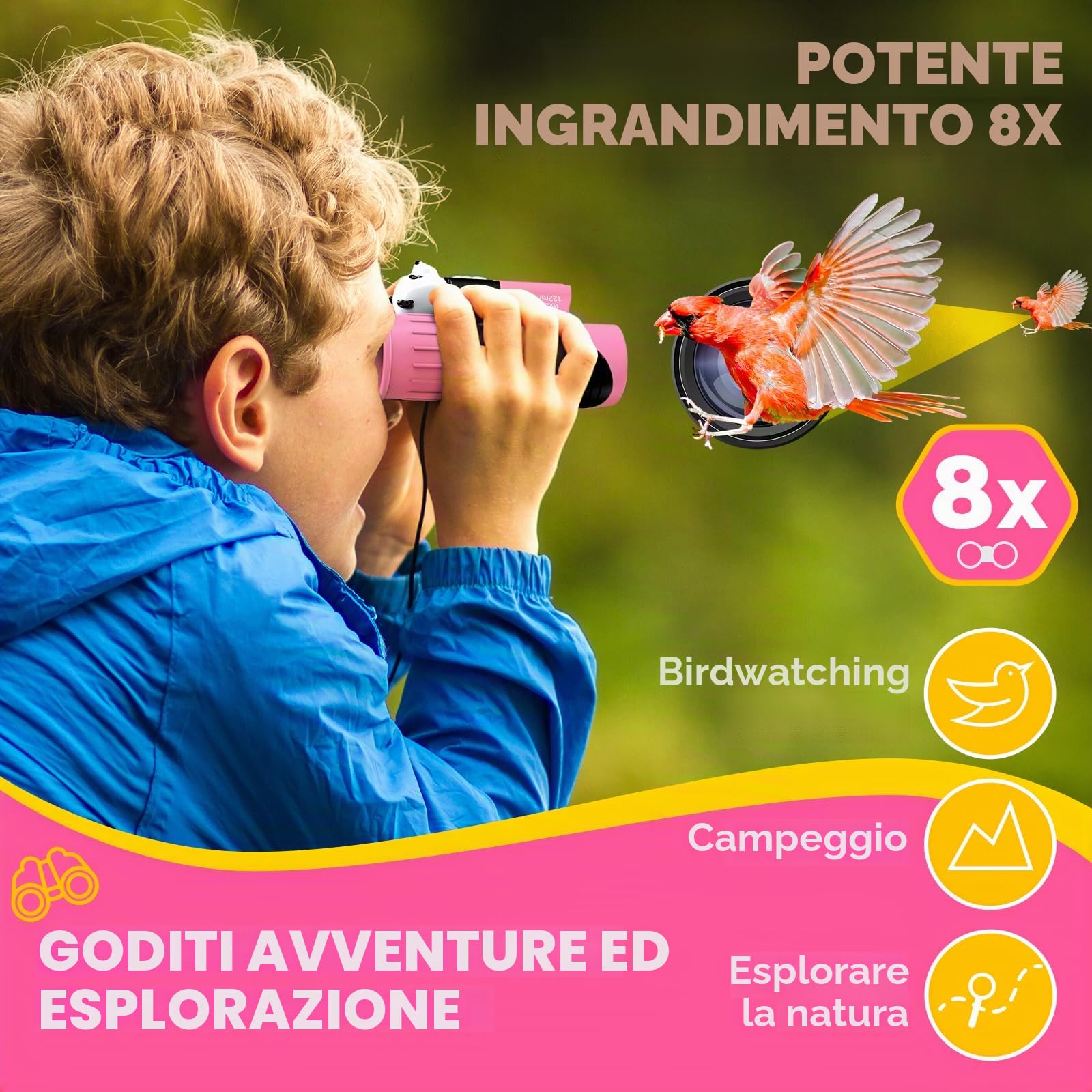 Binocolo Bambini 8x21 Ottica reale ad alta risoluzione, con lente d'ingrandimento e bussola fischietto, binocolo per bambini da 3 a 12 anni, ragazzi e ragazze, escursioni, viaggi
