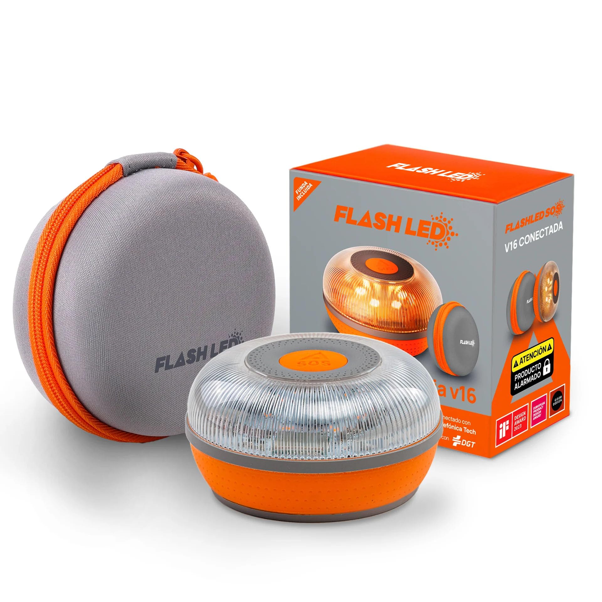 FlashLED SOS Luz Emergencia V16 Conectada Homologada, Autorizada por la DGT, Tarjeta SIM y SERVICIO DE DATOS HASTA 2038, Base Imantada, Resistencia al Agua y Polvo IP54, INCLUYE FUNDA