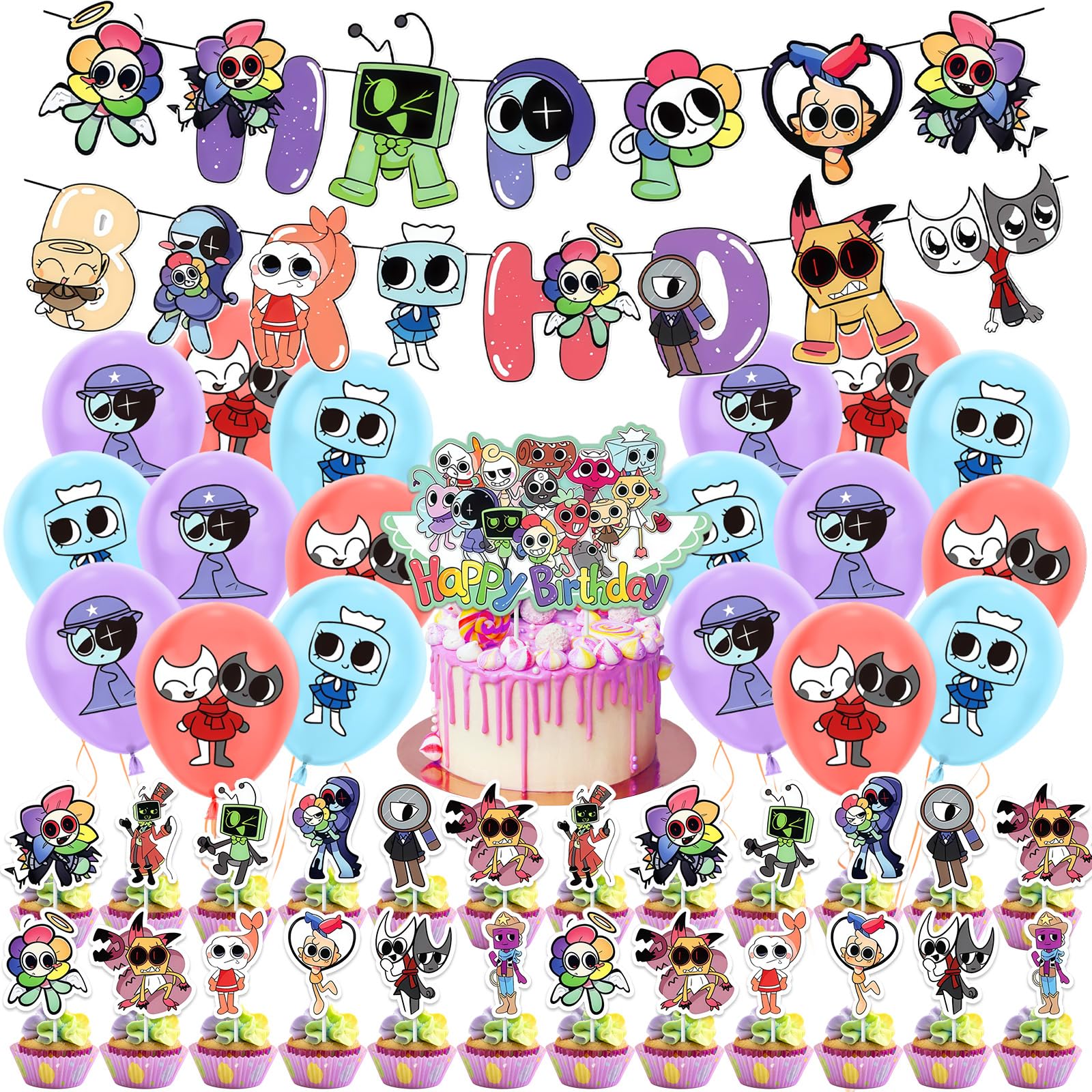 Dandy Birthday Decorations, 44pcs Dandy Party Decorations Happy Birthday Banner Latex Balloon Cake Topper Decoration Horror Games Theme Party Supplies for Kids Boys Girls