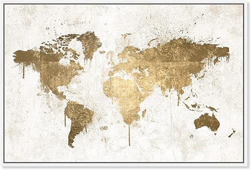 The Oliver Gal Artist Co. Mapas y banderas enmarcadas en lienzo con diseño de mapas y banderas de Mapamundi White Gold