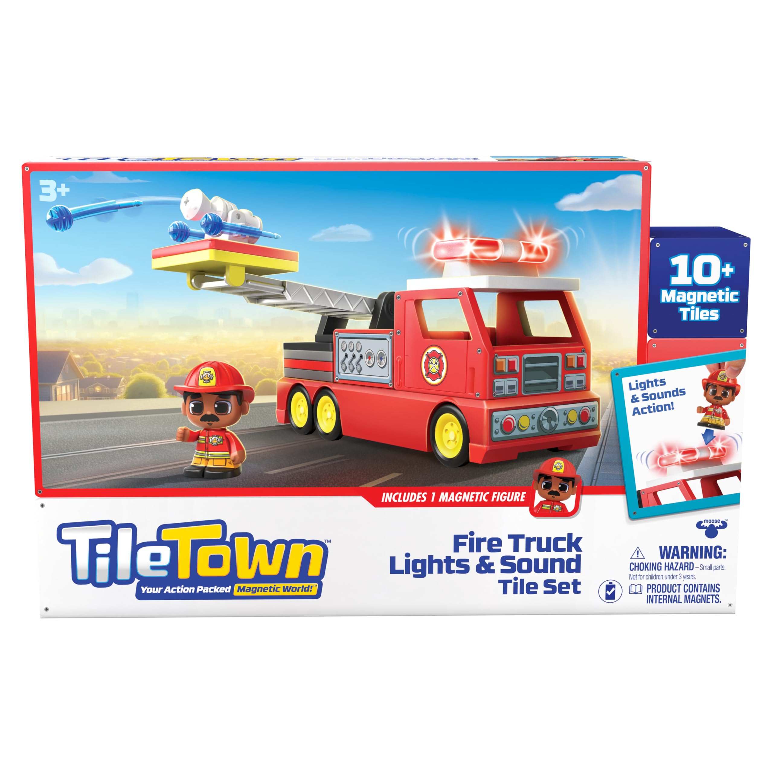 TILE TOWN Firetruck Magnetic Tiles Building Vehicle Playset With Lights & Sounds + Figure, Kids 3-5+, New ACTION TILES for Action Play, Realistic Builds, STEM Creative Toy, Great Gift for Boys & Girls