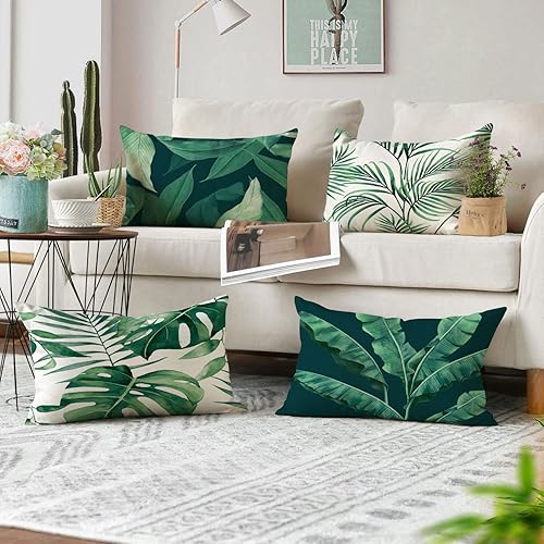 Miniatura 3 de YeeJu Juego de 4 fundas de almohada de plantas verdes de 12 x 20 pulgadas, fundas de almohada decorativas para verano, fundas de almohada con hojas