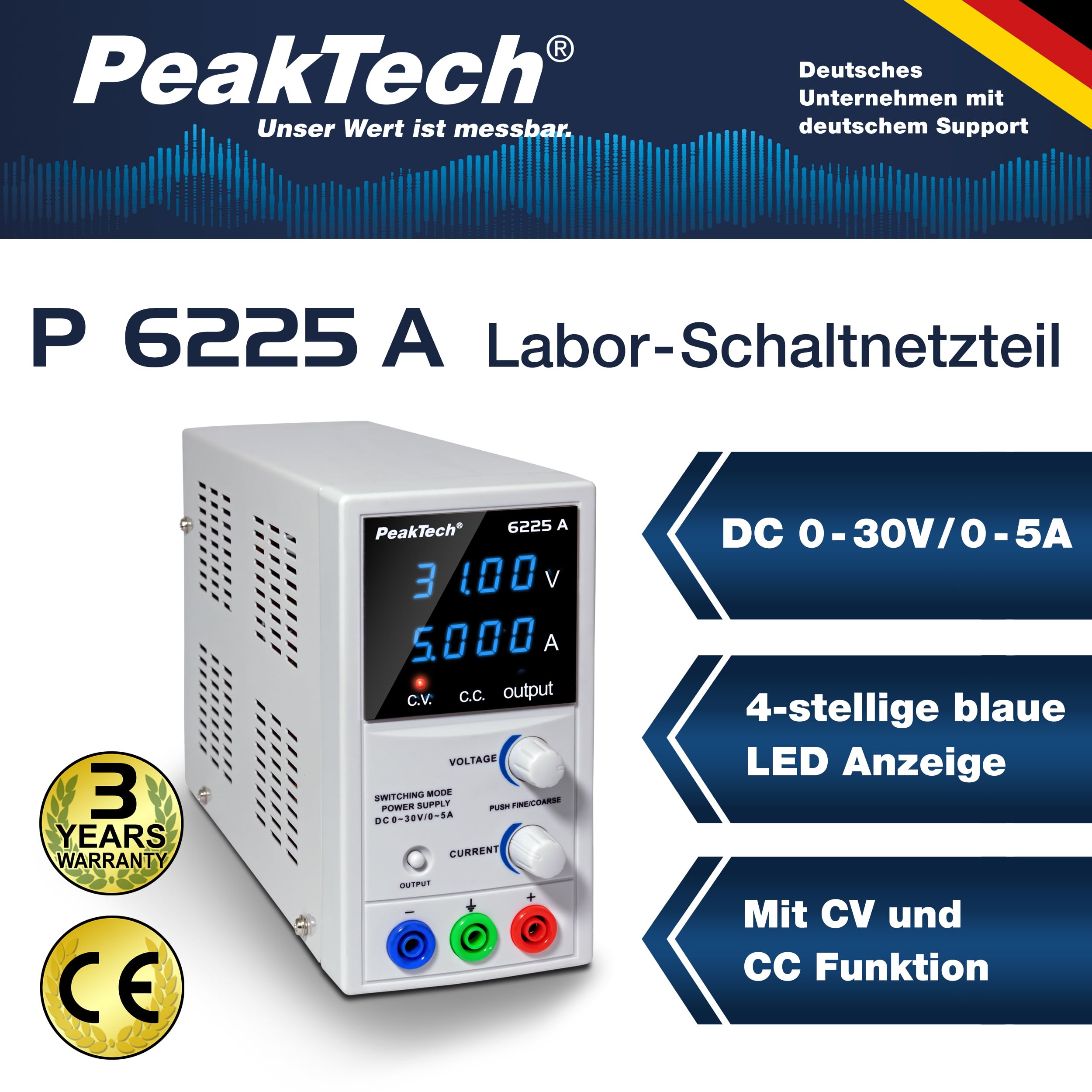 PeakTech P 6225 A - Zasilacz impulsowy prądu stałego ~ 0-30 V / 0-5 A ~ regulacja zgrubna/dokładna
