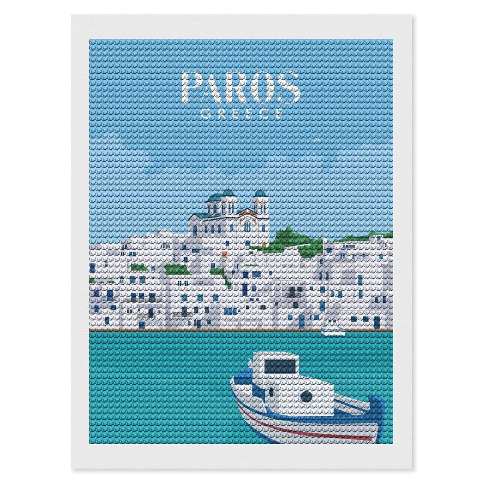 Junmoney Paros Greece and The City Full Drill Diamond Painting Kit 12"x16", Adhesive Canvas, Aesthetic Room Decor, for Family Craft Time, Birthday Gift