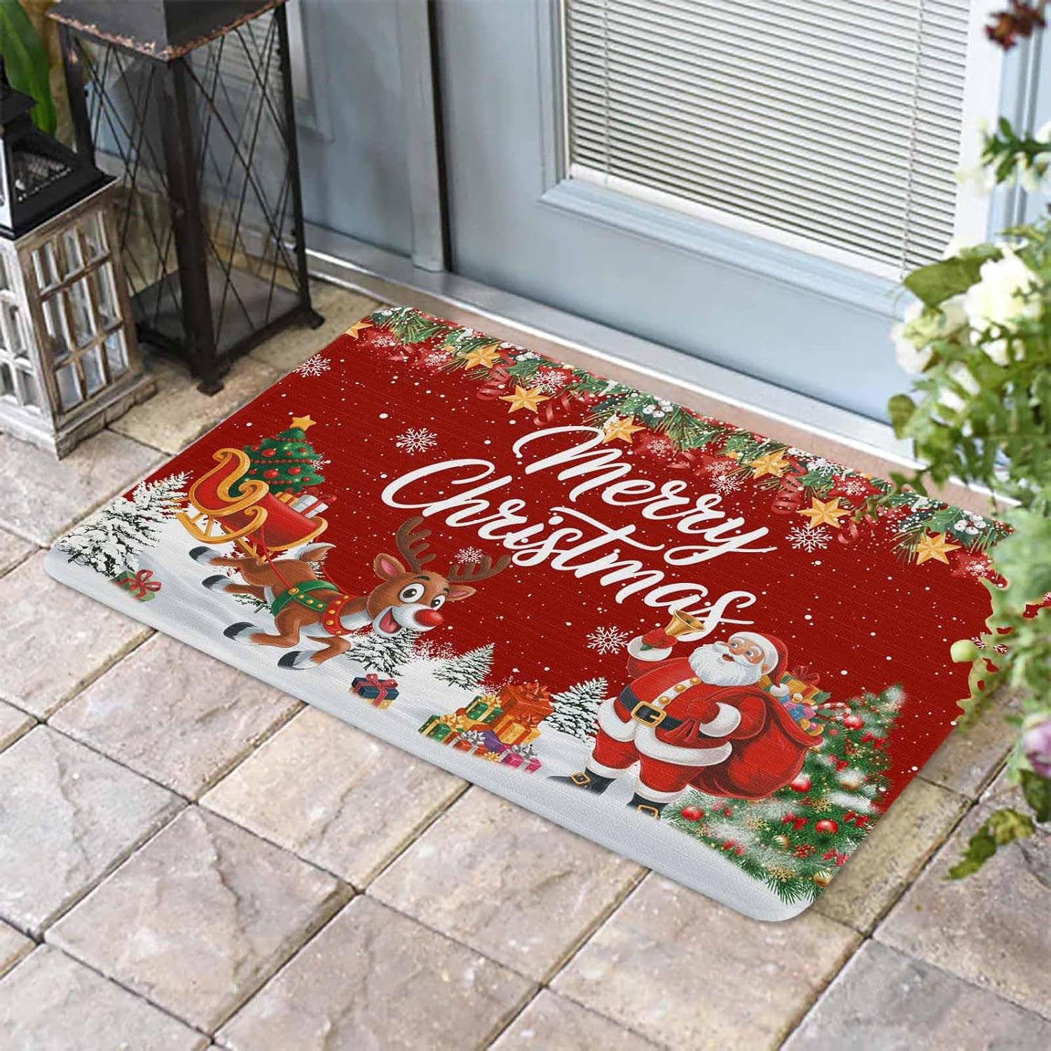 Red Christmas Santa Front Door Mat Entrance Welcome Floor Mats Indoor Outdoor, Xmas Elk Tree Heavy Duty Absorbent Doormat, Snowflake Botanical Non-Slip Rugs for High Traffic Areas 16"x24"