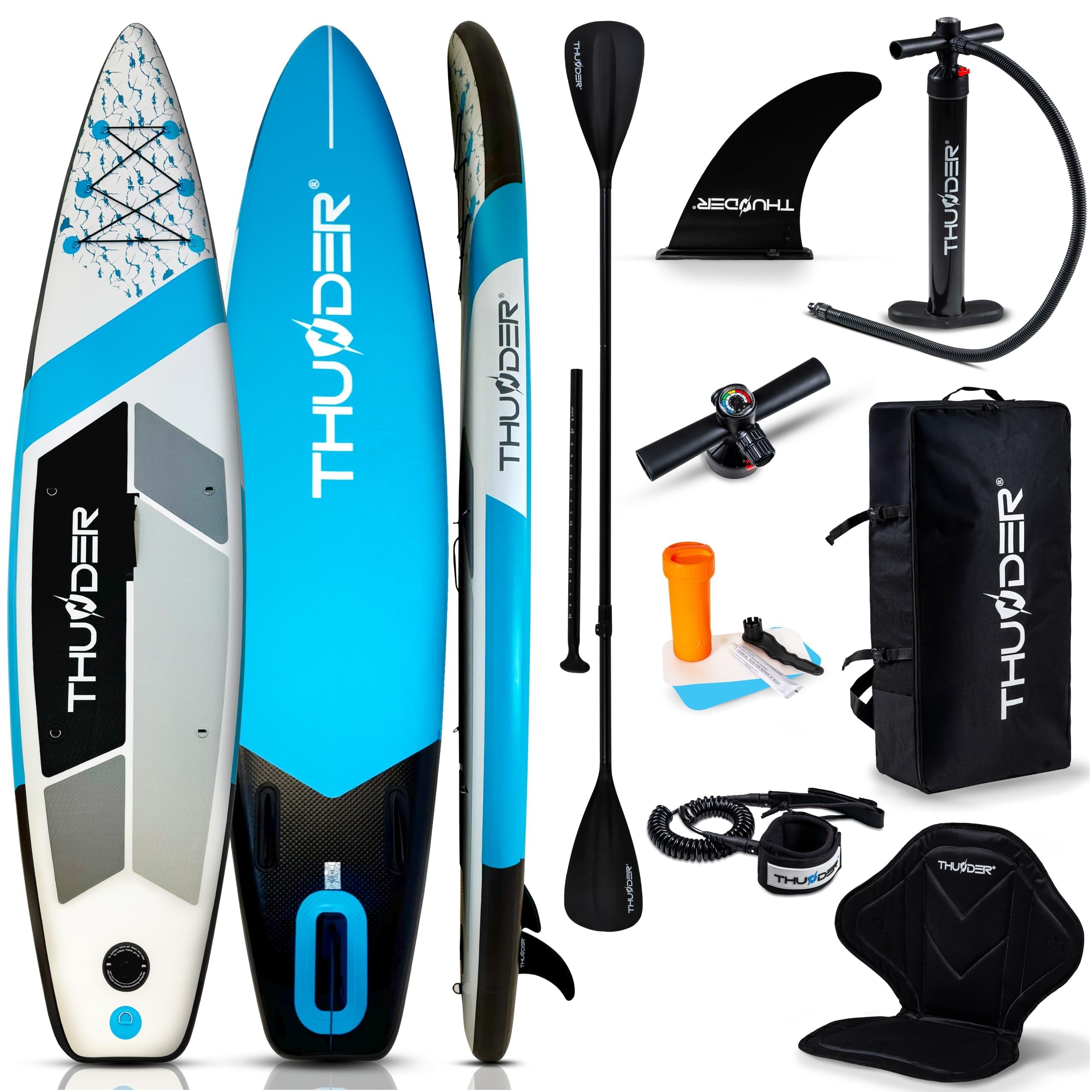 THUNDER SUP Board Gonfiabile 320 cm con Sedile da Kayak – Set Stand Up Paddle Board con Pagaia, Pompa e Zaino – Extra Stabile, Antiscivolo e Ideale per Adulti e Principianti