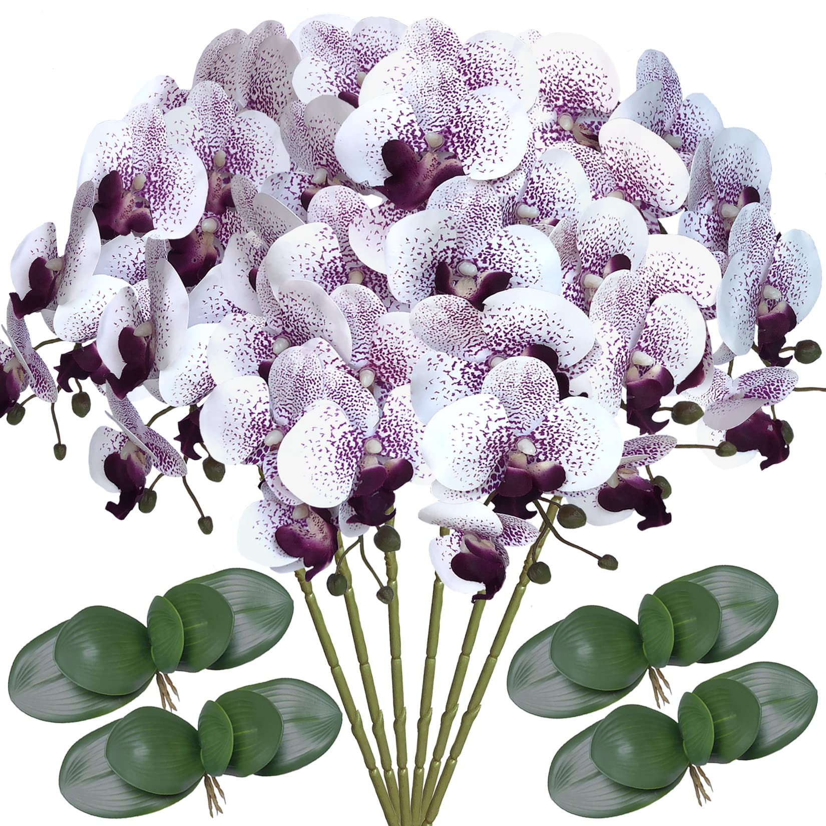 FagusHome 6 Pcs Artificial Phalaenopsis Flowers with 4 Bundles Leaves Artificial Orchid Flowers Stem Plants for Home Décor (Purple Core)