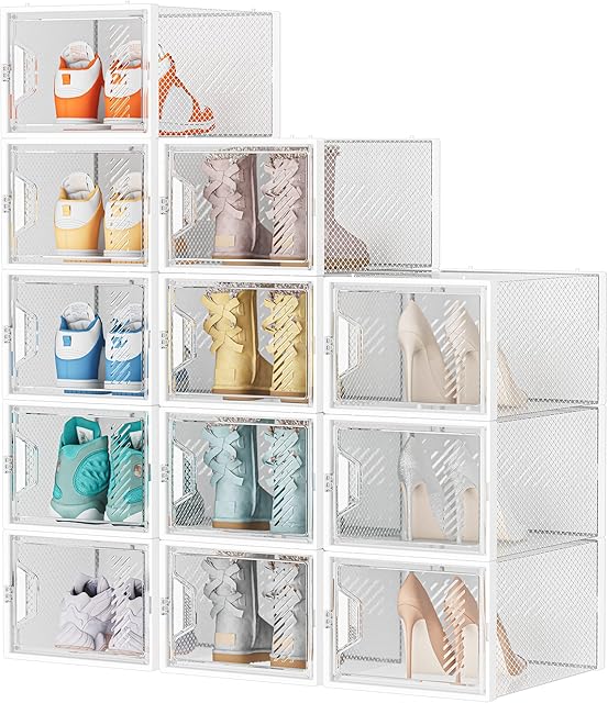 SIMPDIY Shoe Storage, 12 pcs Shoe Box Clear Plastic Stackable, Shoe Organizer Containers with Lids for Women/Men,Fit up to UK 12
