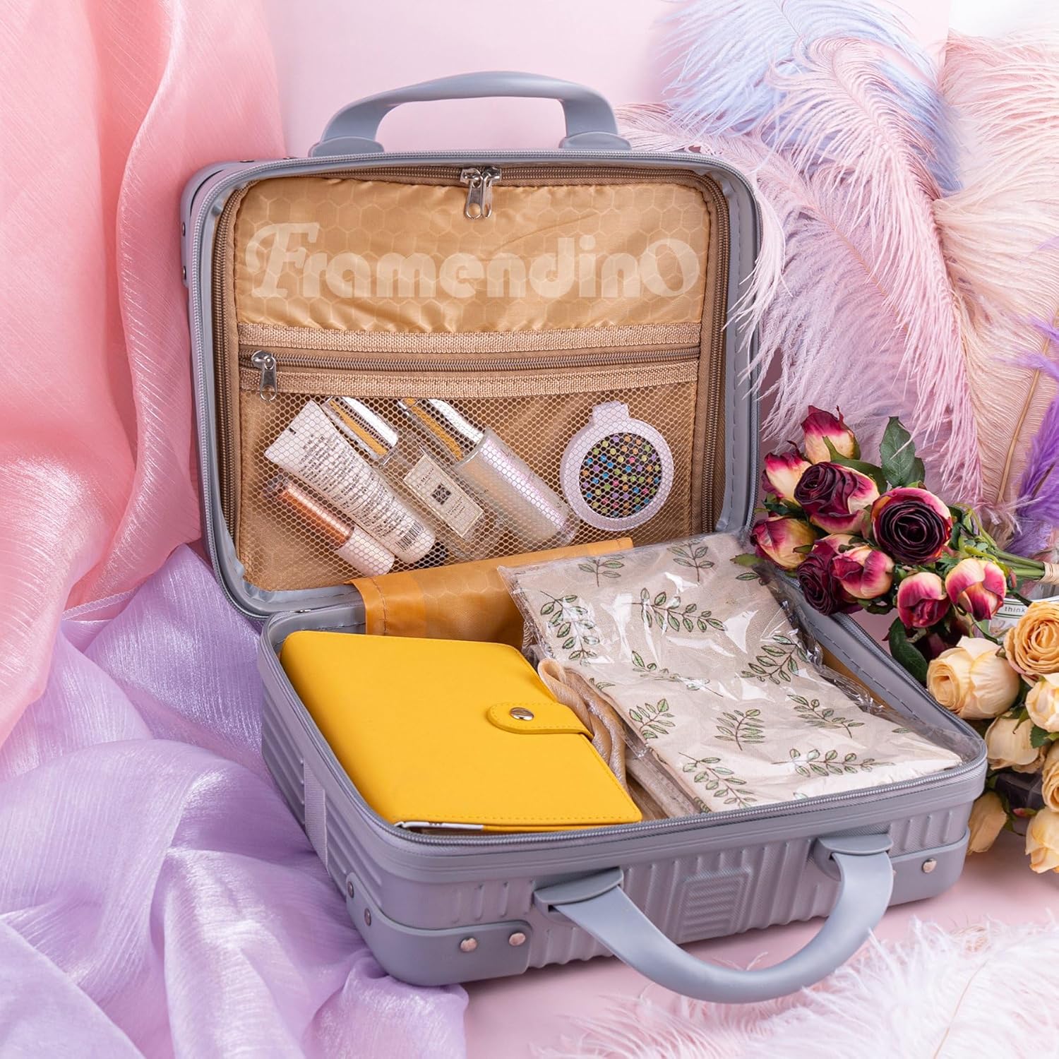 Framendino, Portable Hard Shell Cosmetic Organizer Bag Travel Case Hand Luggage With Elastic Band Silver