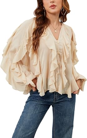Women Dressy Casual Blouse Business Long Sleeve V Neck Ruffles Tops Office Work Outfit 2025
