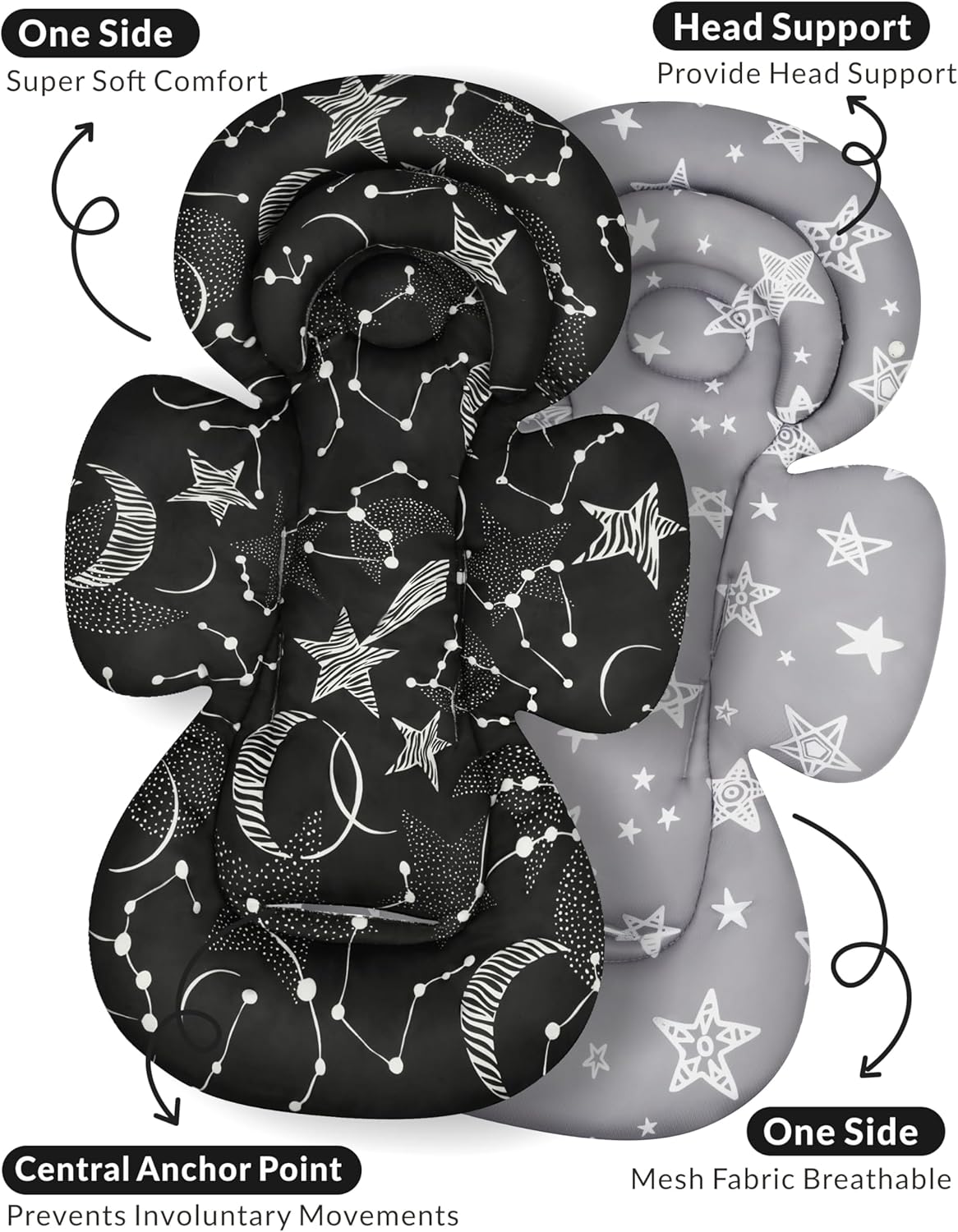 Tinlyfinly Infant Car Seat Insert with Removable Cushion for Preemie to Toddler, Reversible Newborn Carseat Insert for Baby Head Body Support, Fits for Stroller, Baby Swing, Bouncer (Black Star)