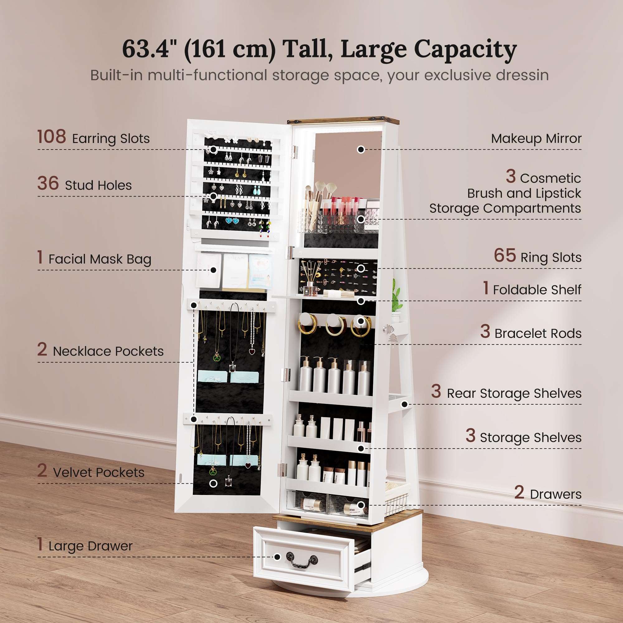LVSOMT LED Mirror Jewelry Cabinet Standing, 360°Swivel Jewelry Armoire with Full Length Mirror, Mirror with Jewelry Storage and Large Wooden Drawer for Christmas Gifts (): Farmhouse White