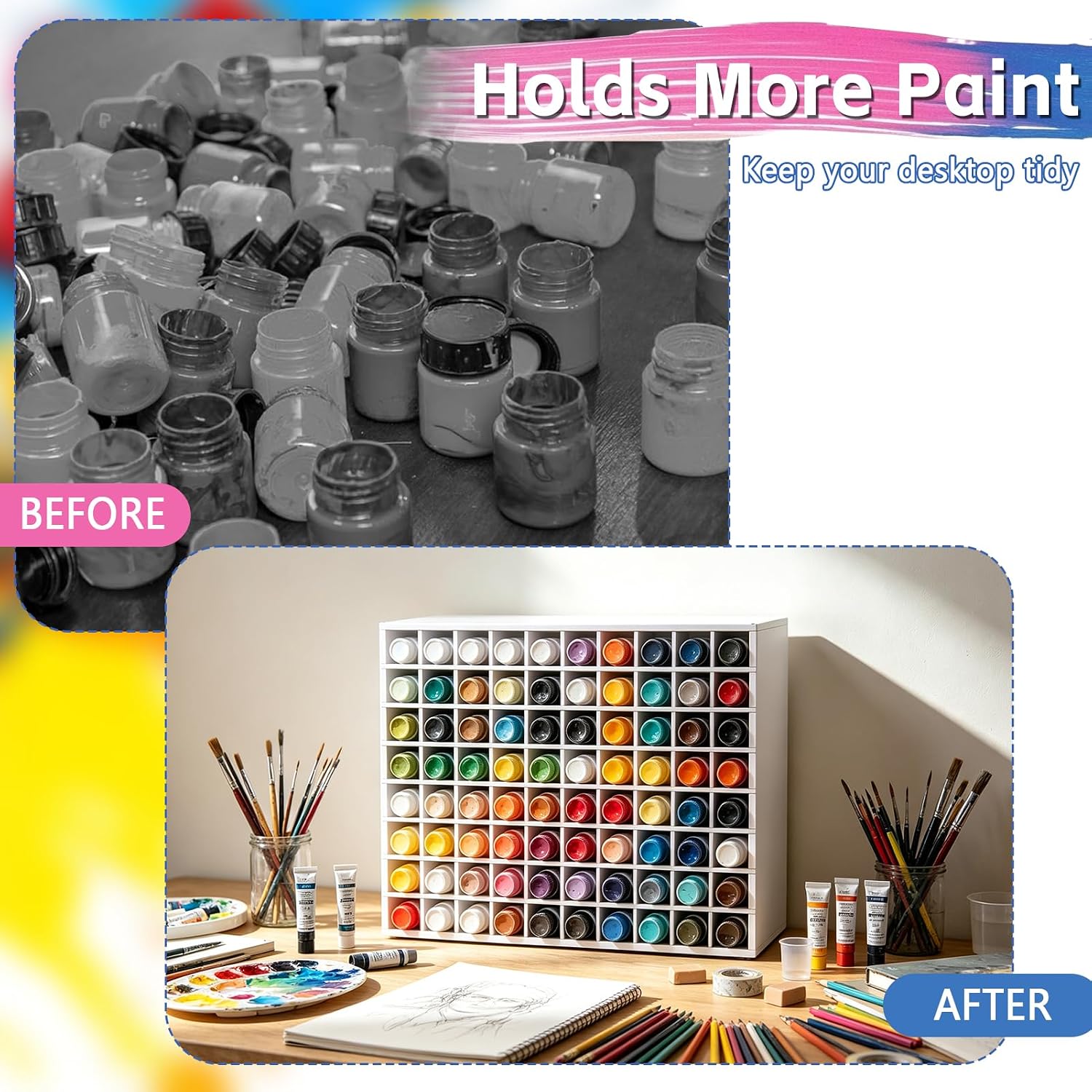 80 Grids Paint Organizer, Wall Mountable Craft Storage Rack for 2 oz Bottles, Paint Holder Stand with Vertical Compartments, Acrylic Paint Rack for Studio, Classroom, DIY Workshop