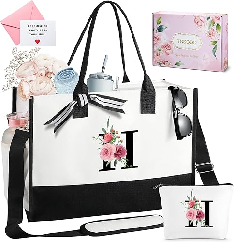 Regalos de cumpleaños personalizados para amigos, bolsa de mano con iniciales florales para mujer, bolsa de playa Can-vas con bolsa de maquillaje,