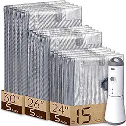 Vacbird Sacos de vácuo para viagem com bomba de ar recarregável, pacote com 15 sacos de compressão para bagagem e mala, economia de espaço para roupas e viagens