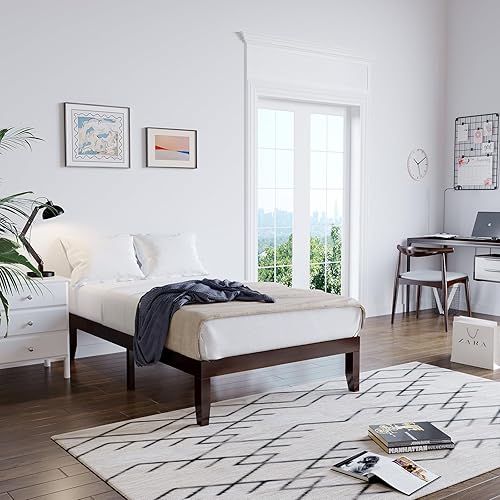 Miniatura 49 de Giantex Base de cama de plataforma de madera matrimonial de 14 pulgadas, base de colchón de estilo minimalista con madera de goma maciza, soporte de