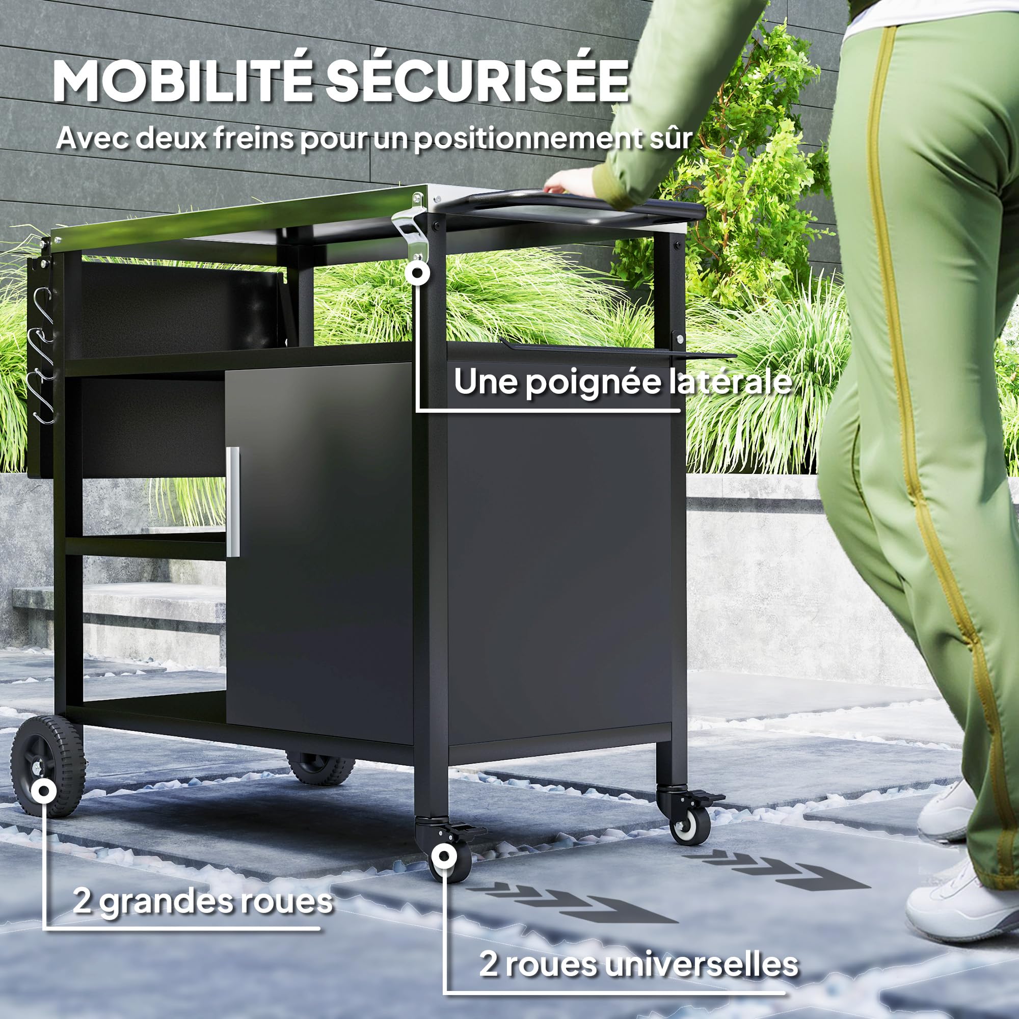 Outsunny Desserte de Jardin Chariot de Barbecue avec Plateau en Acier Inoxydable, Tablette Rabattable et Crochets, Housse Fournie, Meuble de Service Extérieur à roulettes pour Plancha, 127x51x84cm