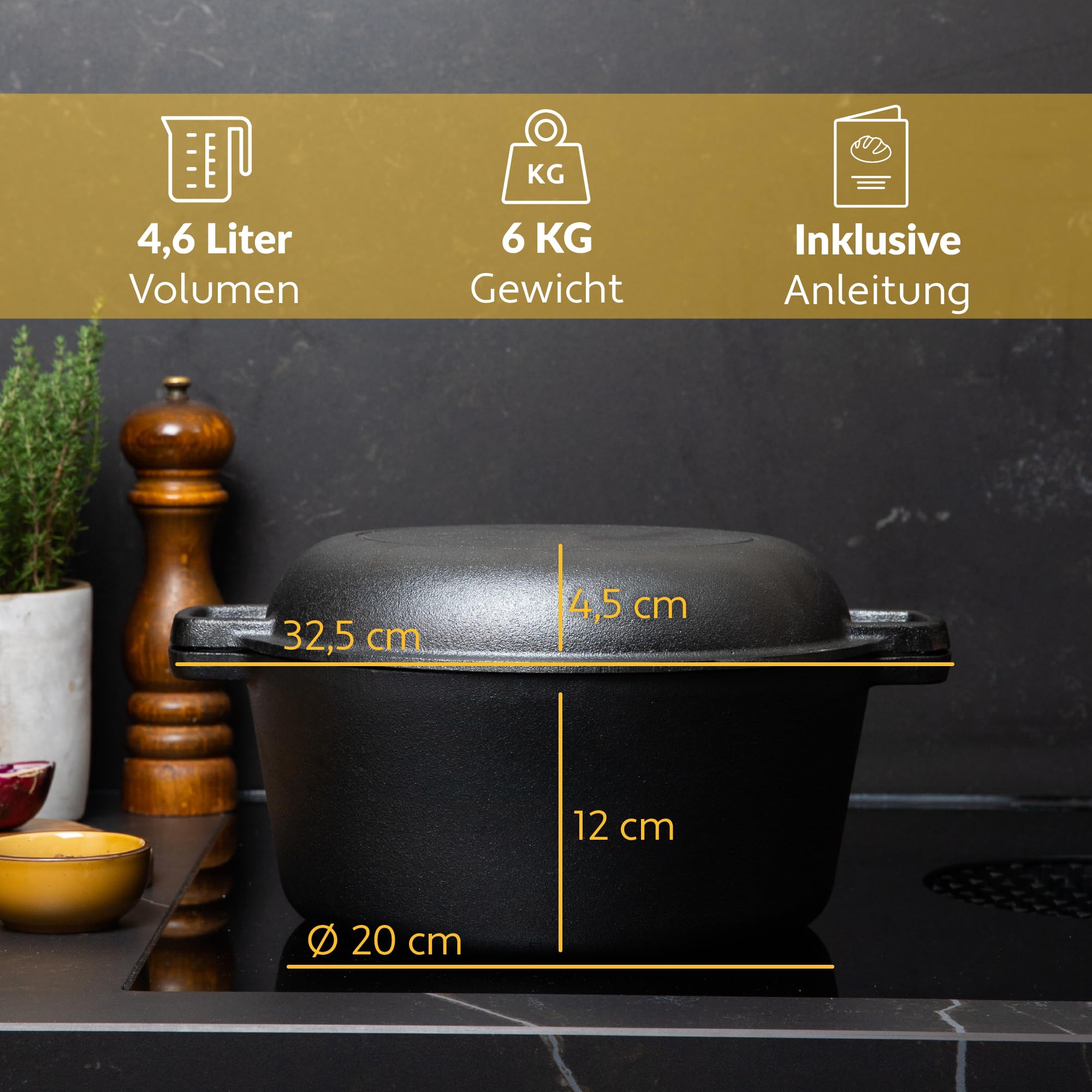 Chefarone Gusseisen Topf 26 cm 4,6 l mit Gärkorb und Teigschaber – Brotbacktopf mit Deckel, Induktion & Backofen geeignet – Vielseitiger Bräter zum Backen, Schmoren, Braten, Kochen