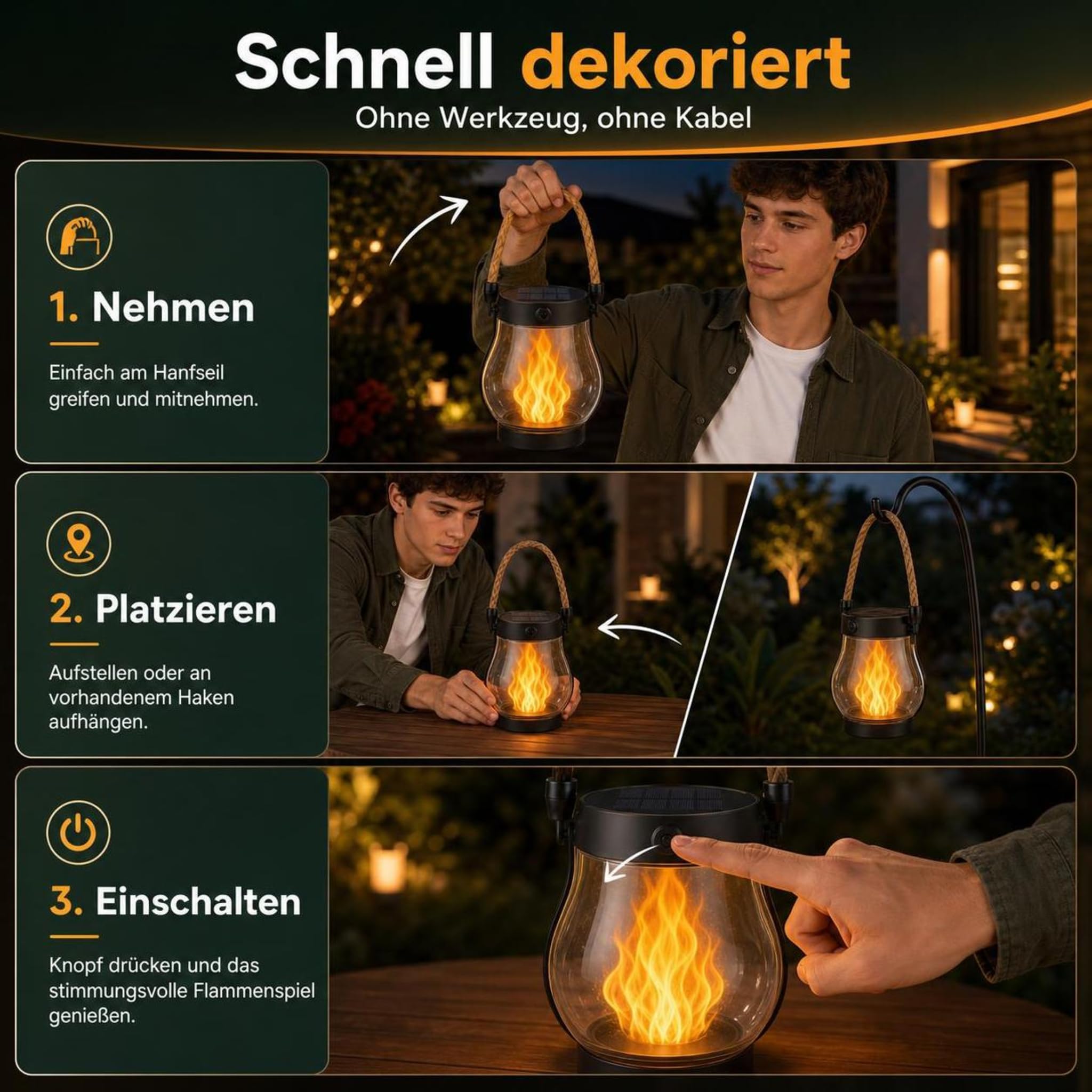 Klynero Solar Laterne mit Flammeneffekt und USB-Ladung für Halloween (2 Stück)