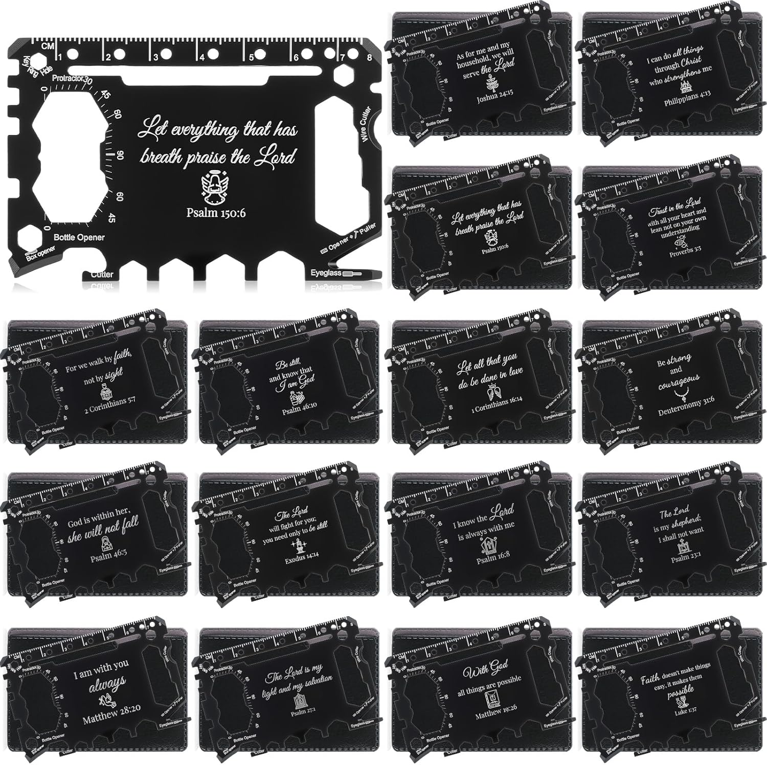 32 Pcs Bible Verse Credit Card Wallet Multitool 46 in 1 Metal Stainless Steel Survival Pocket Tool Multipurpose Bottle Opener Bulk Christmas Stocking Stuffer Gift for Men Dad Husband