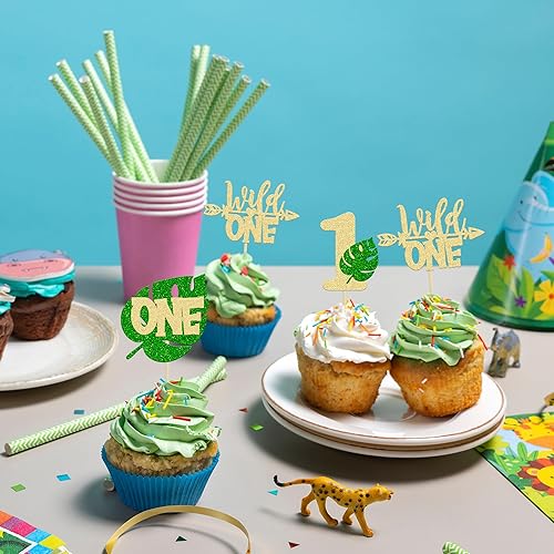 Miniatura 6 de Paquete de 24 adornos para cupcakes con hojas de Monstera de safari en la selva, hojas de palma, decoración de pastel de primer cumpleaños para